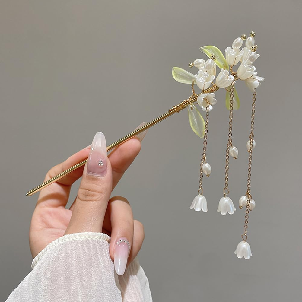 Chinese Hair Fork,Flower Hair Sticks,Elegant Simple Magnolia Pearl Hairpins for Ancient Style Beaded Braided Hairpins Chinese Hair Fork image number 1