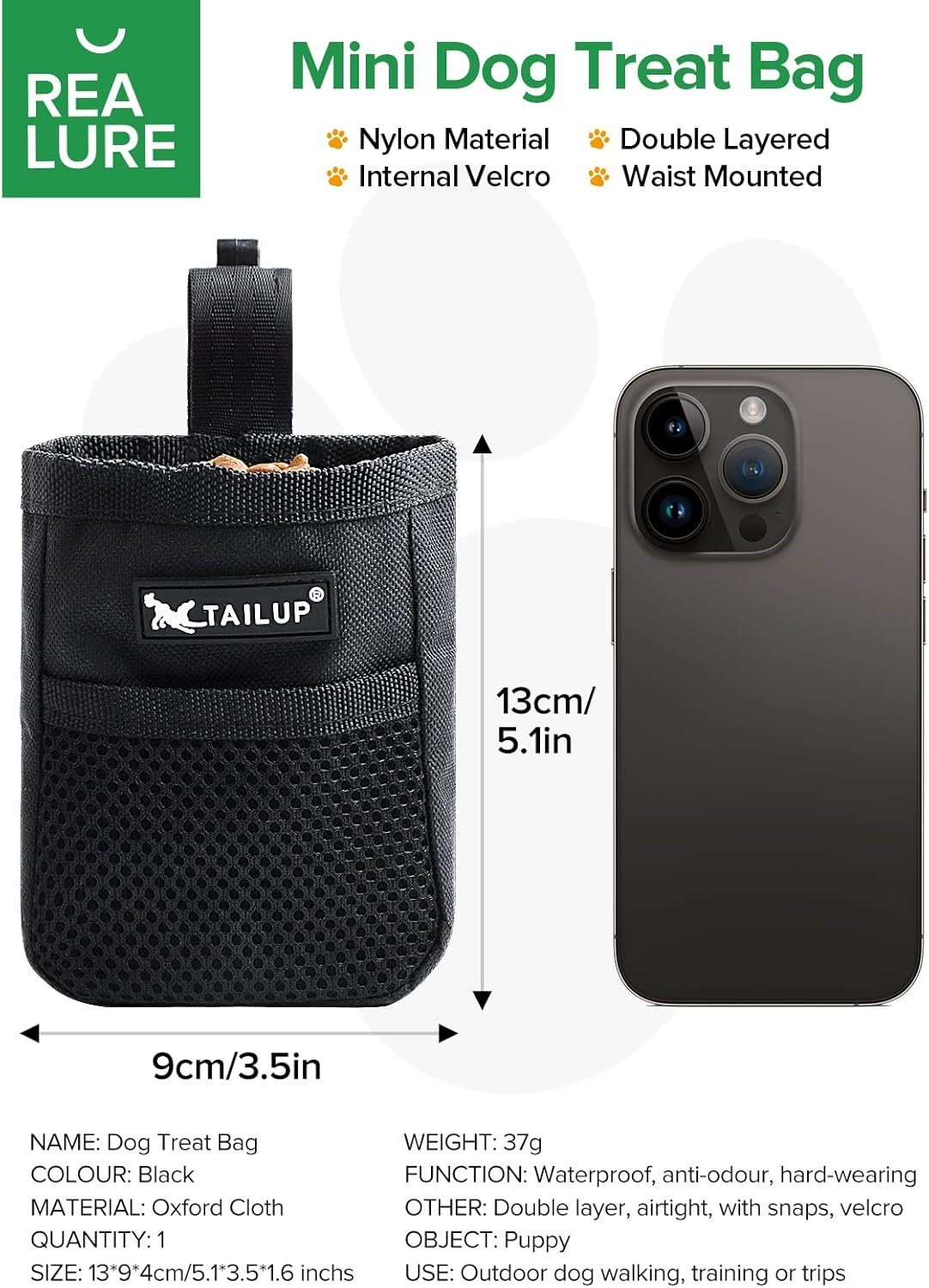 Realure Small Dog Treat Bag, Hands-Free Puppy Treat Bag with Waist Belt Clip, Easy Open Dog Treat Pouch Bag, Outdoor Use Dog Treat Bags for Pet Puppy Walking Training Travel Waterproof, Double, Black image number 5