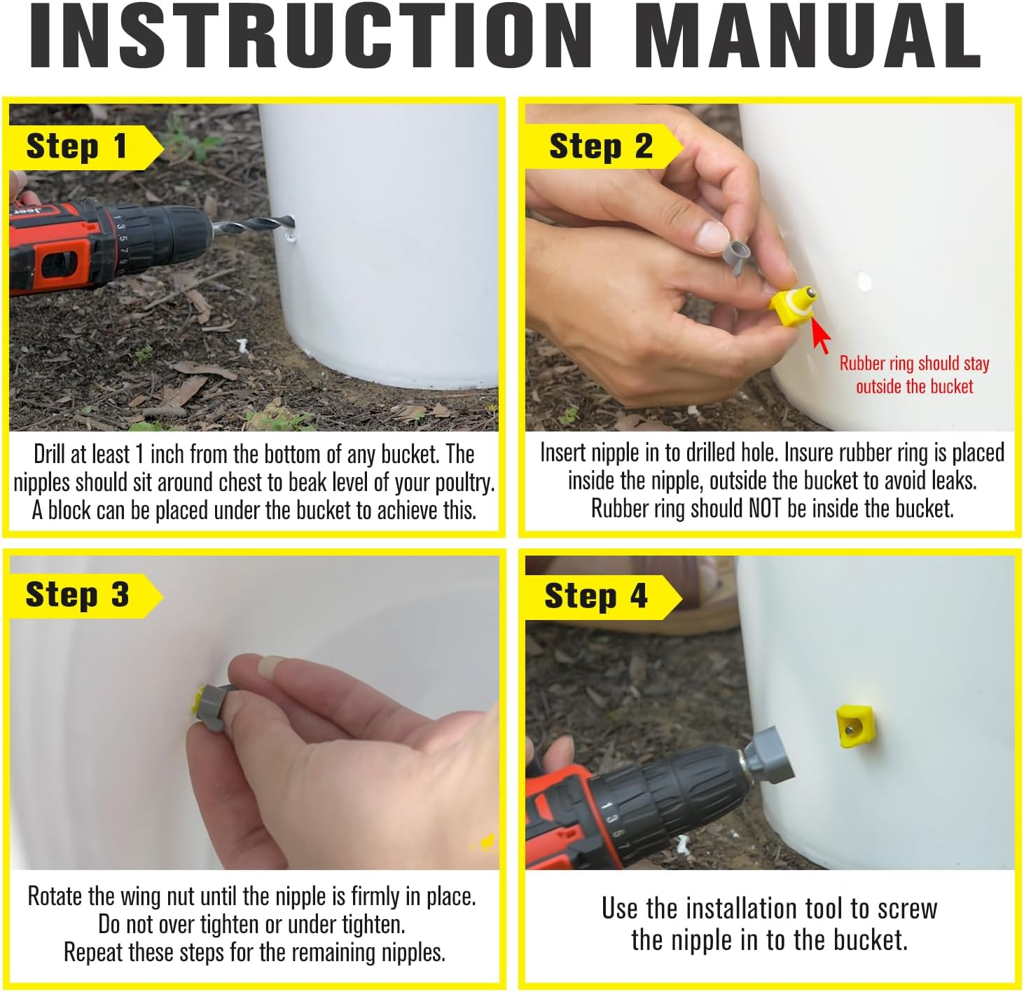 Chicken Waterer Nipples, Horizontal Side Mount, Anti-Leak Automatic Water System for Poultry, Suitable for Chickens, Duck, Quail, Includes Drill Bit & Installation Tool (Yellow, 15 Nipples) image number 3
