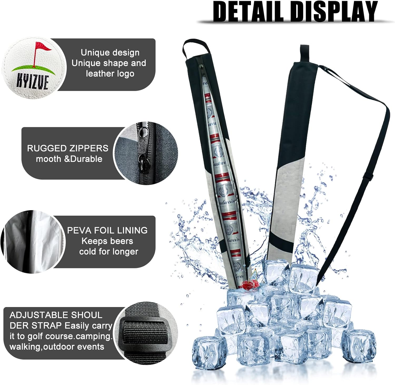 Custom Gray Golf Beer Sleeve, 7 Can Insulated Cooler Bag with Adjustable Shoulder Strap, Keeps Drinks Cool on the Course