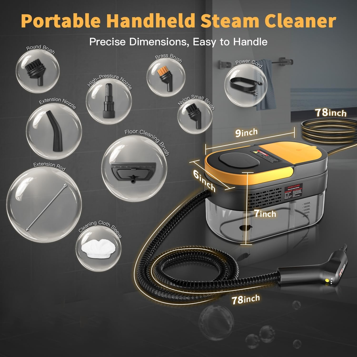 Koeay 1500W Steam Cleaner 3-Level Adjustable Handheld Portable Pressuresteamer Cleaner 15S Heat-Up with 1600Ml Tank & 9 Pcs Accessories, Home Steam Cleaner for Dirt, Grease, Grout, Tile, Floor