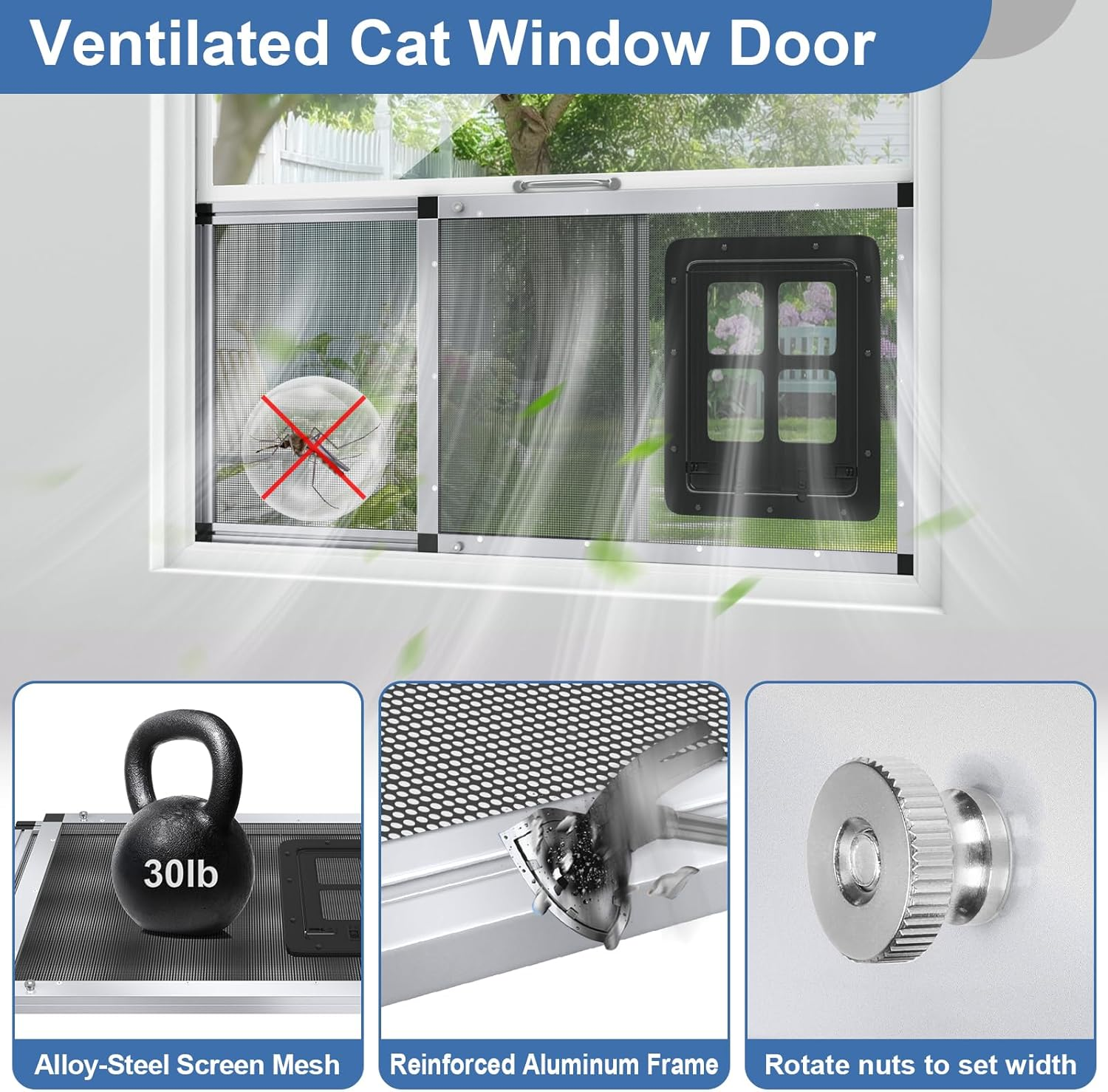 Adjustable Aluminum Pet Door for Window 31.7"-39.3" Wide, 4-Way Lock & Magnetic Closure Window Cat Door,No-Tool Cat Window Door Insert,Cat Door for Window with Steel Alloy Screen,Ventilation Bug-Proof image number 5