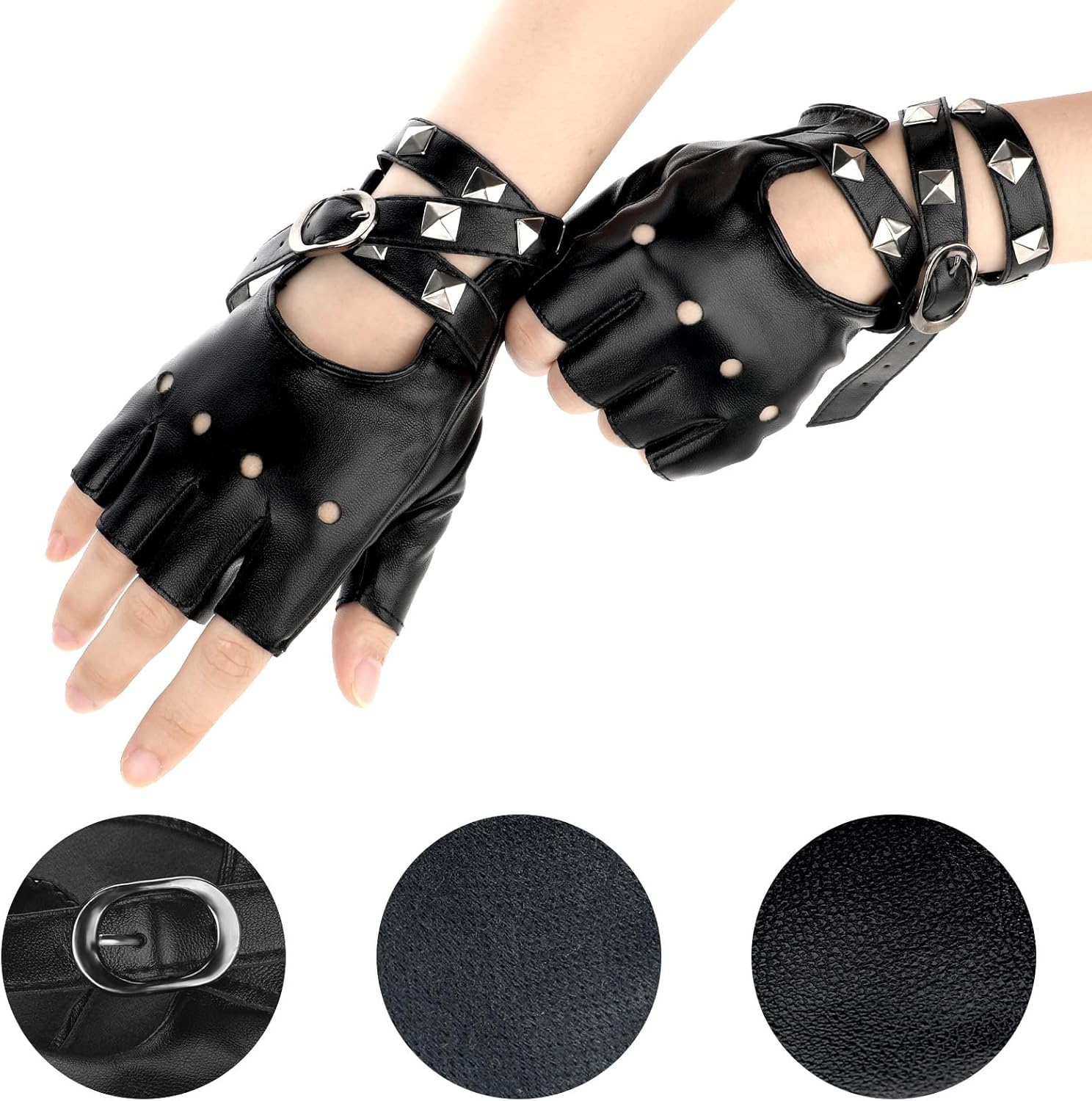 Leather Punk Gloves Fingerless Gloves for Women, PU Faux Leather Outdoor Sport Half Finger Glove Cosplay Gloves Gothic Gloves Fingerless Driving Gloves for Driving Motorcycle Bike, Black image number 2