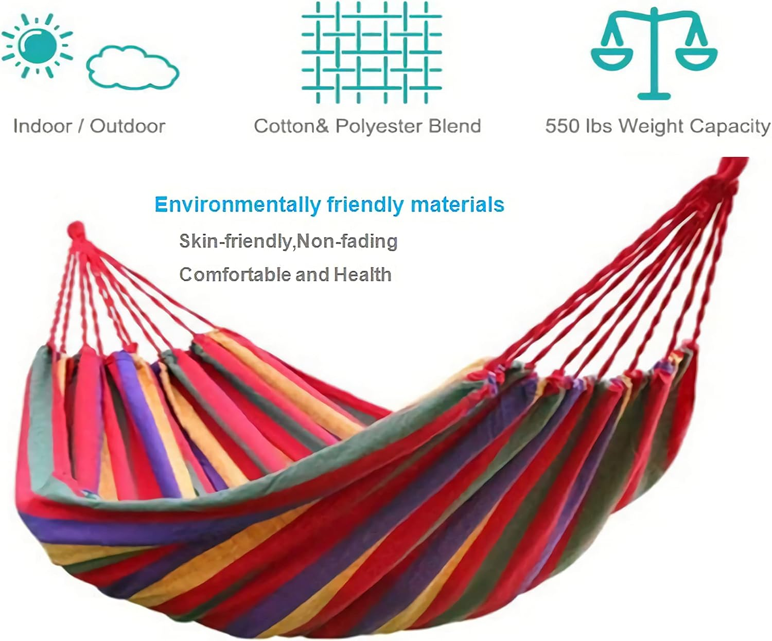 Single/Double Person Rainbow Cotton Fabric Canvas Travel Hammocks 500Lbs Ultralight Camping Hammock Portable Beach Swing Bed with Carrying Bag for Outdoors and Indoors image number 4