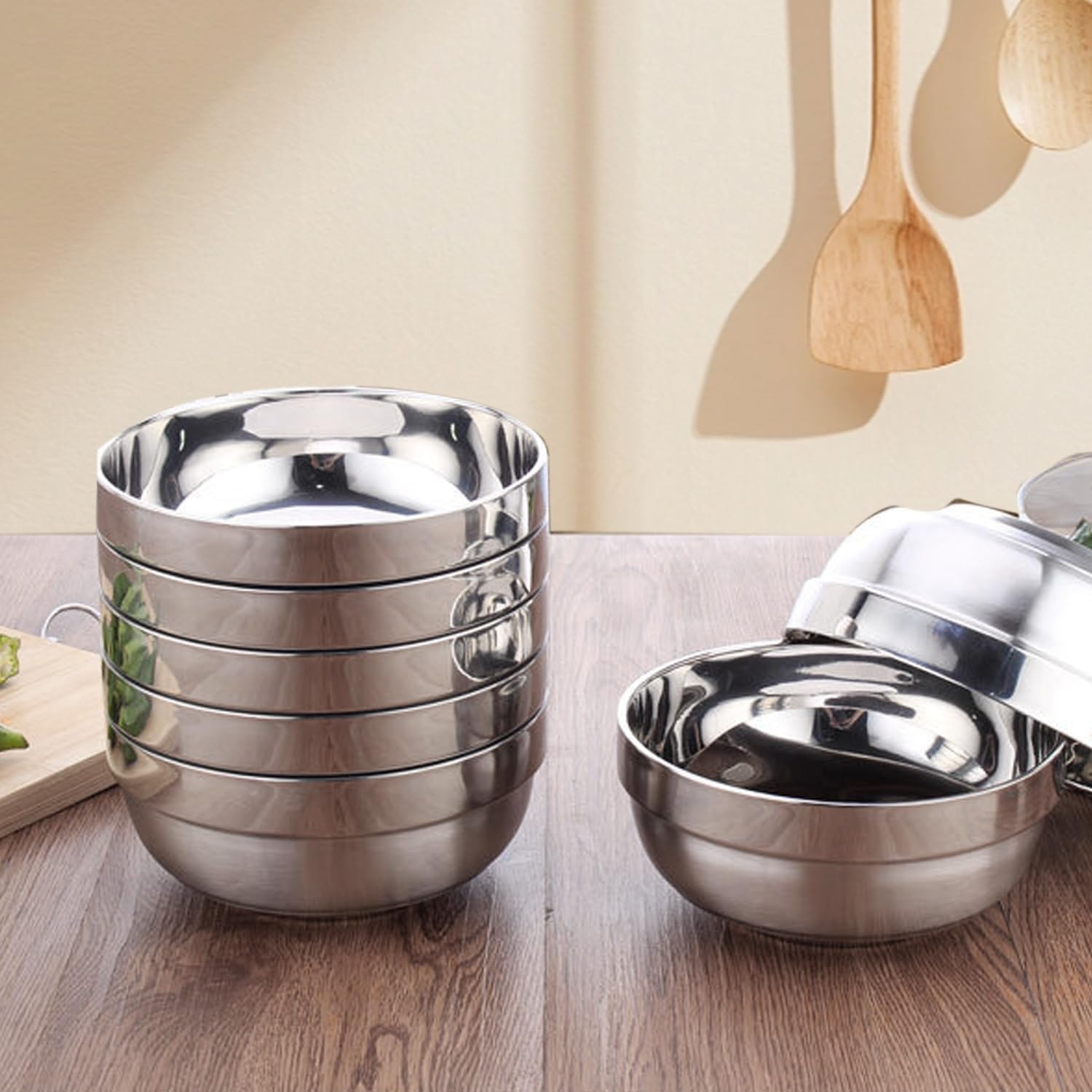 WANBY Stainless Steel Bowls 6Pcs Metal Lightweight Unbreakable Double Layered Dinner Bowls Set Dishwasher Safe for Kitchen Home Camping Outdoor Party BBQ (6 Inch)