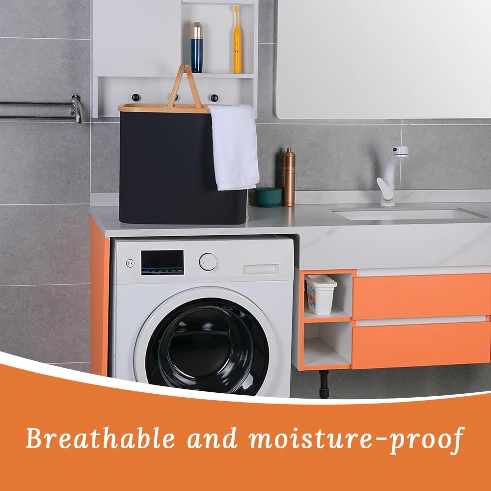 Foldable Laundry Basket with Wooden Handle, Home Dirty Laundry Hamper, Multi-Function Storage Basket for Toys, Blankets and Clothes, Suitable for Living Room, Bathroom, Laundry Room, Etc. (Black)