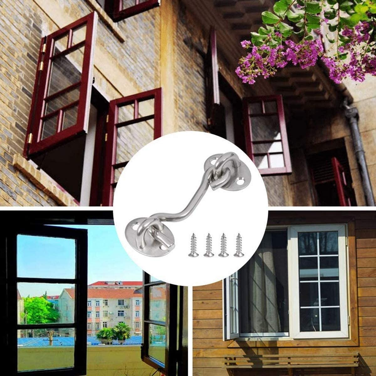 Hook and Eye Latch, 3 Pack Barn Door Latch, Heavy Duty Solid Thicken Stainless Steel Gate Latch Lock, Add More Security and Privacy for Barn Door, Window (4'') image number 3