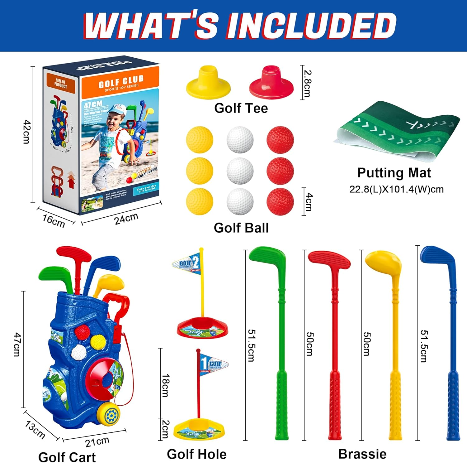 Kids Golf Clubs Set, Golf Play Equipment Set Toys, Indoor Sport & Outdoor Toy with 4 Clubs, 9 Balls, 2 Practice Holes, Shoulder Strap, Birthday Christmas Toys for 3 4 5 6 Year Old Boys Girls image number 6