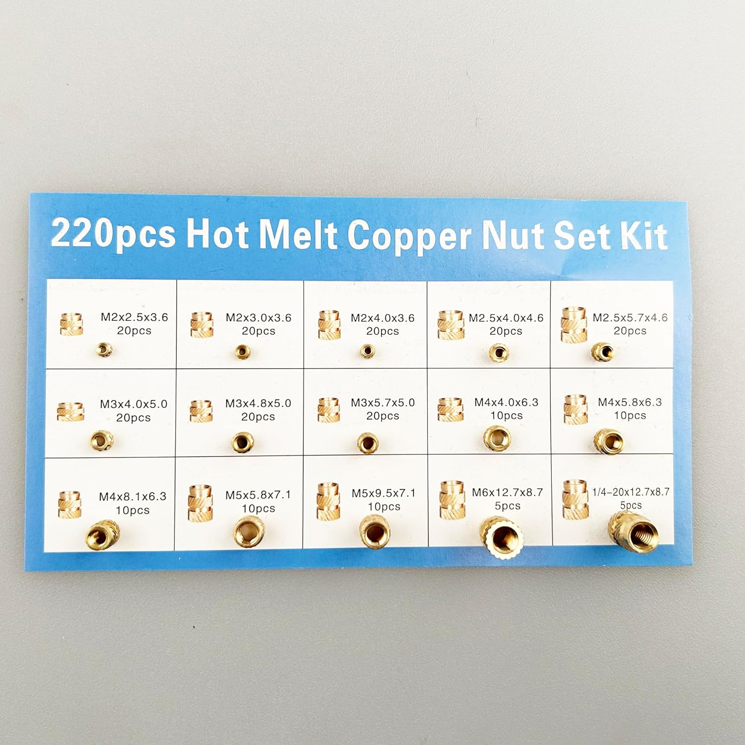 220Pcs Threaded Brass Inserts,M2,M2.5,M3,M4,M5,M6 and 1/4"-20 Heat Set Inserts and Brass Metric Knurled Nuts Assortment Kit for Plastic and 3D Printing Components image number 4