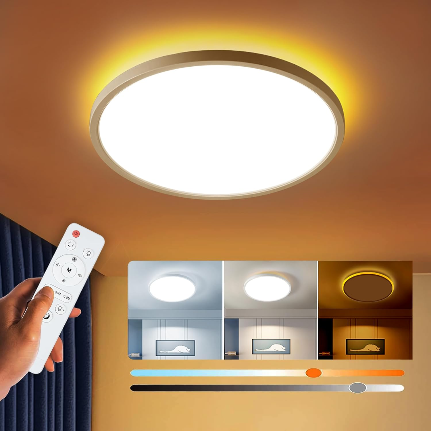 Anyuainiya 12 Inch LED Flush Mount Ceiling Light Fixture with Night Light, 24W 2400LM 3000K/4000K/6500K Selectable Dimmable Light Fixtures with Remote Control for Bedroom Livingroom Bathroom Kitchen image number 2