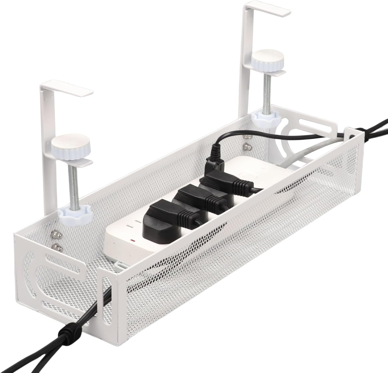 Ruaizel under Desk Cable Management Tray, 15.3'' No Drill Metal Desk Cable Organizers Wire Organizer & Cord Management under Desk Holder with Clamp for Home Office, White