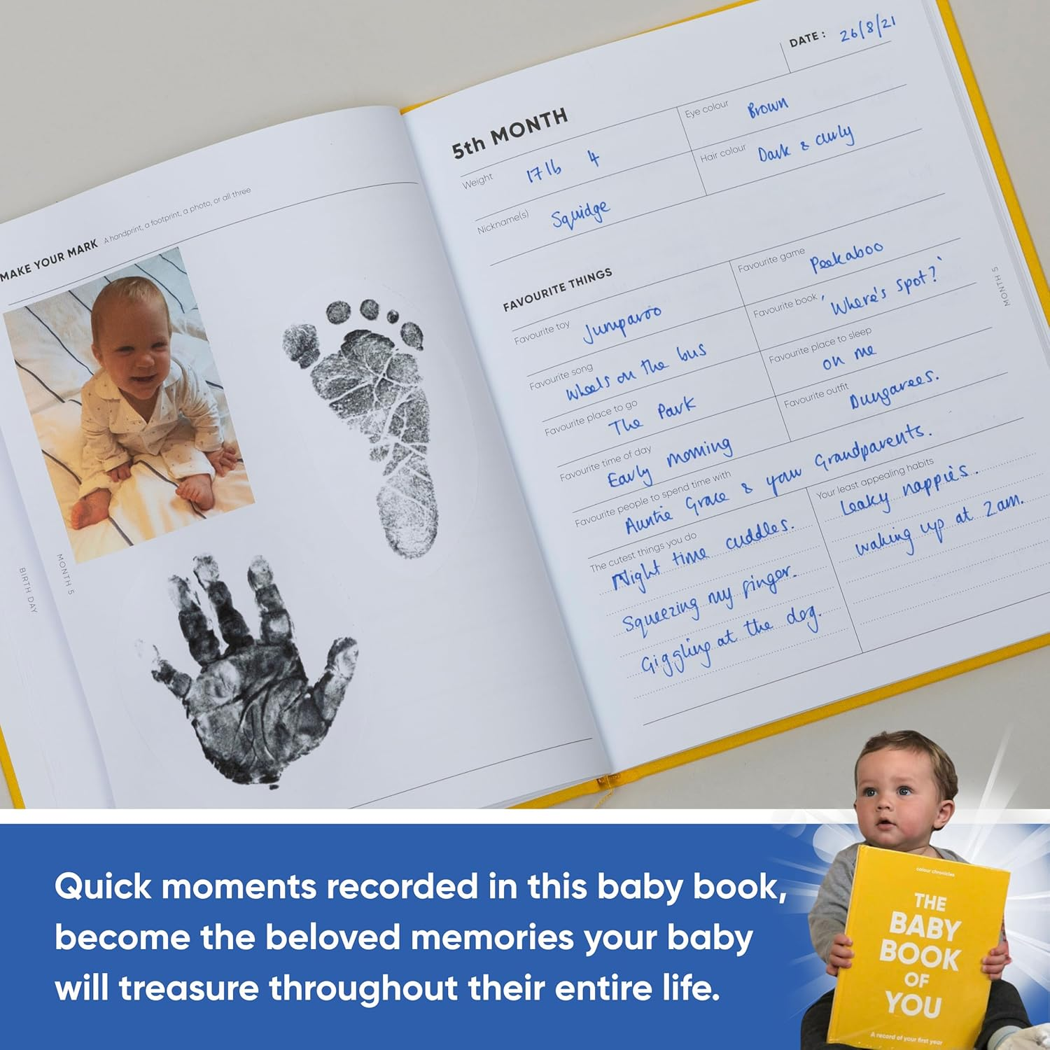 Baby Memory Book | Capture the Joy of the First Year in This Forever Keepsake | Unique Gift for Expecting Parents | 8" X 10&rdquo; Scrapbook | 96 Pages | Cloth Covered Hardback Baby Memory Journal &ndash; Blue image number 6