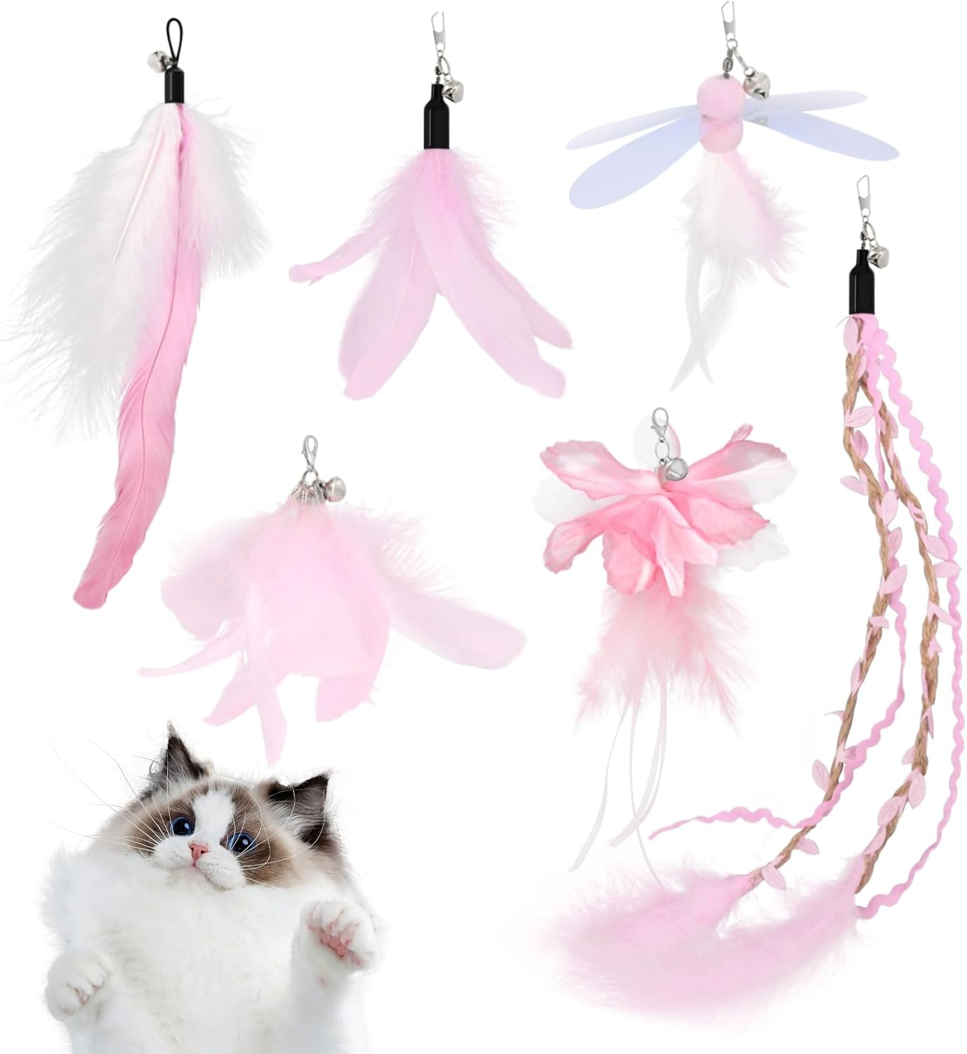 SONGWAY Cat Toy Wand Replacement - 6 Pieces Cat Toys, Cat Feather Toy Refills, Cat Teaser Wand Attachments, Interactive Cat Toys for Indoor Catspink
