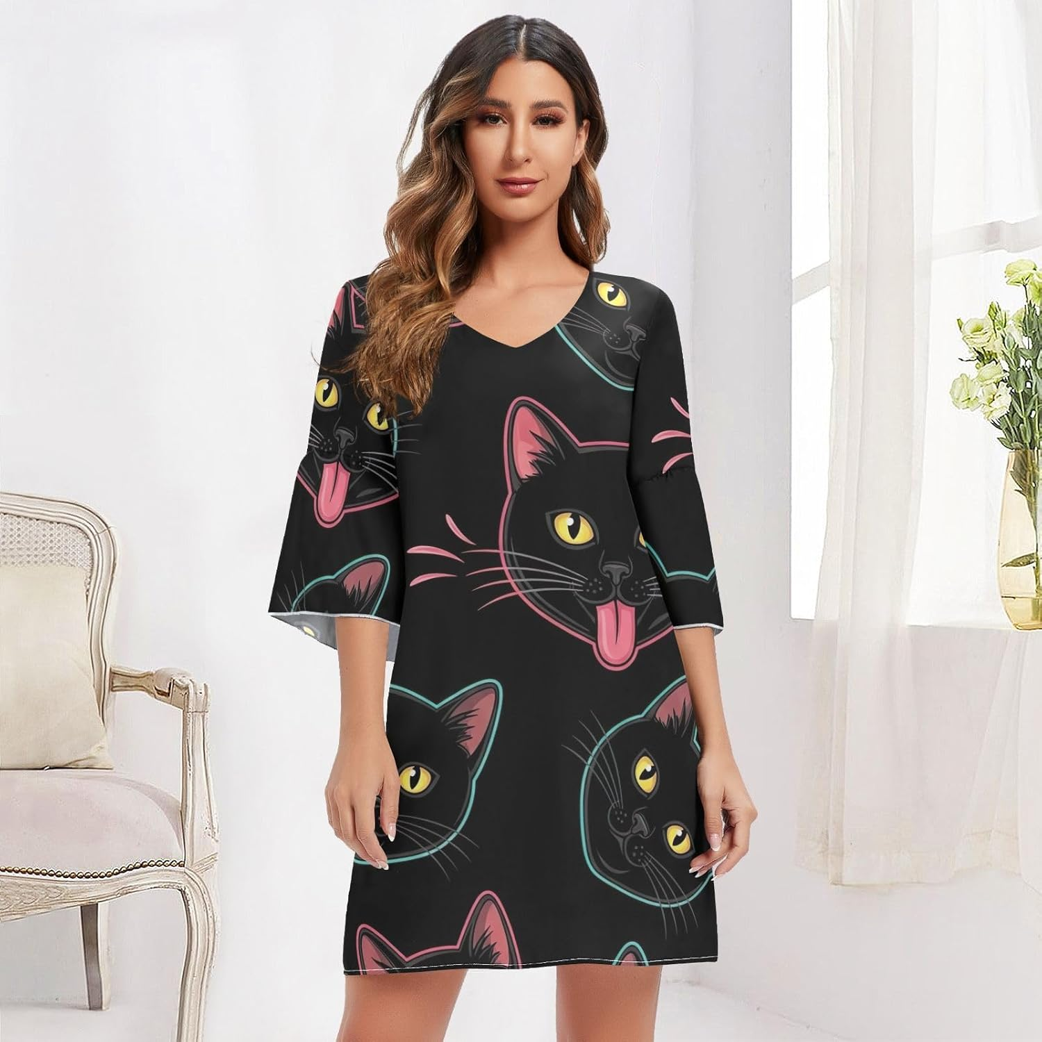 Black Cat Eyes Chiffon Dress Printed Line Maternity Dress image number 1