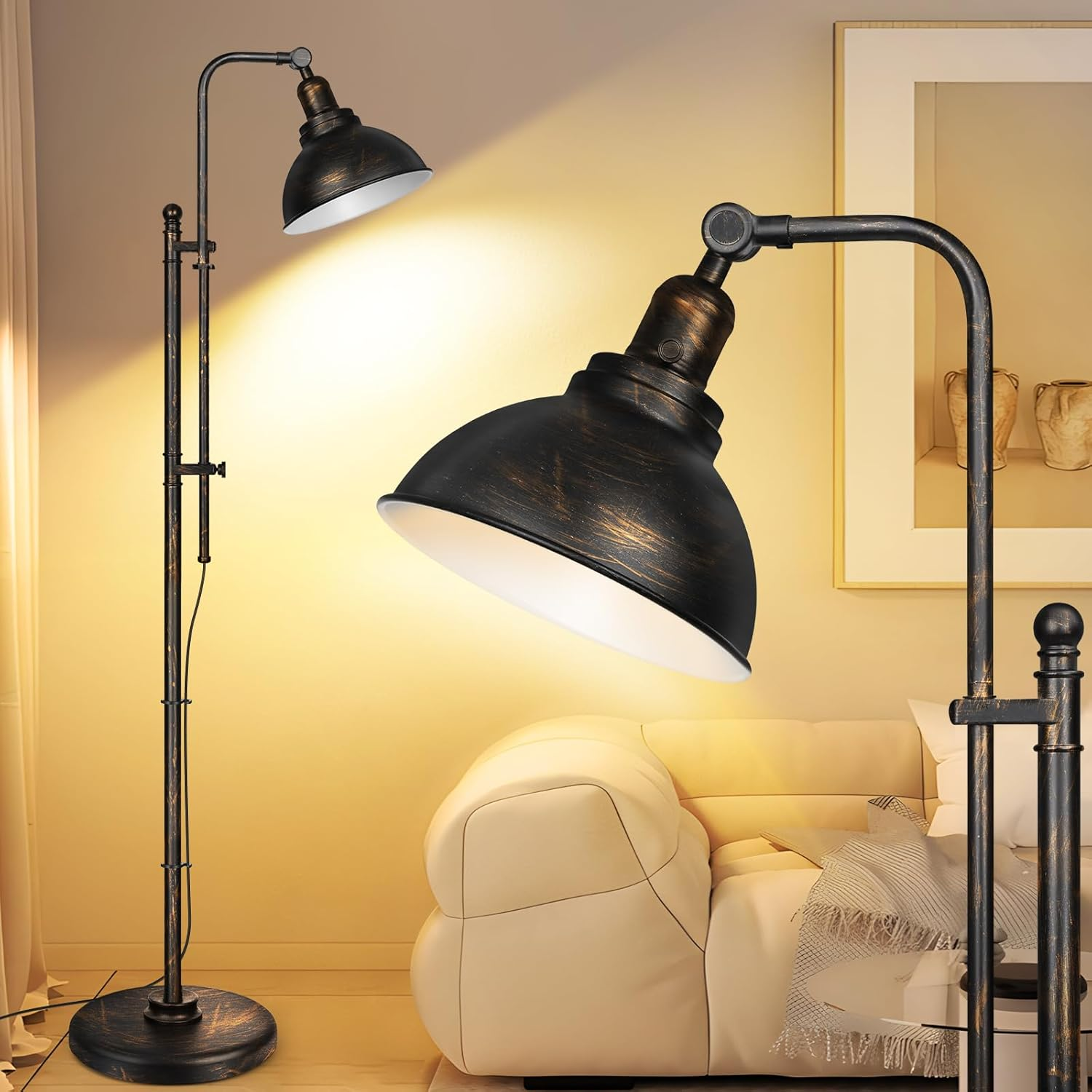 Industrial Floor Lamp for Living Room with 3 Color Temperatures, 67" Tall Standing Lamp with Extendable Pole & Adjustable Lampshade, Metal Bedside Reading Lamp for Bedroom Office Bookstore image number 5
