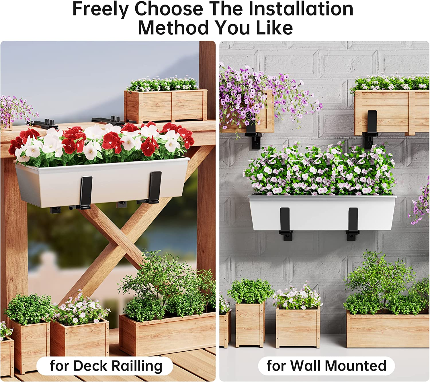 Y&M Adjustable Planter Box Brackets, Brackets for Window Boxes Planters, 4 Packs Universal Outdoor Hanging Brackets, Black Steel Mounting Durable, Suitable for Fence Pergola Patio Garden Balcony