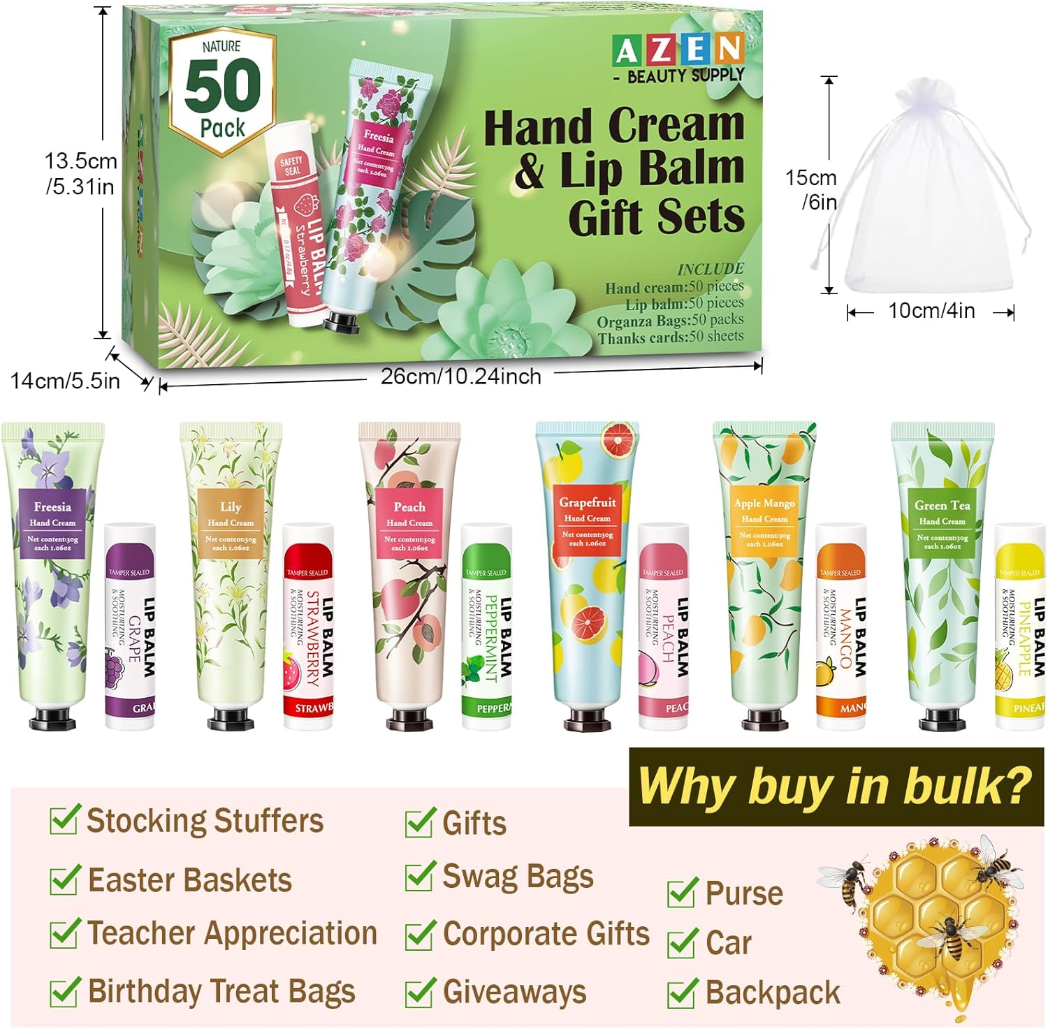 AZEN 50 Sets Hand Cream and Lip Balm Set with Organza Bag Thank You Card, Baby Shower Wedding Gifts for Guests, Bridal Souvenirs for Colleagues Employee Coworkers, Party Favor for Female Friends - A-24 image number 6