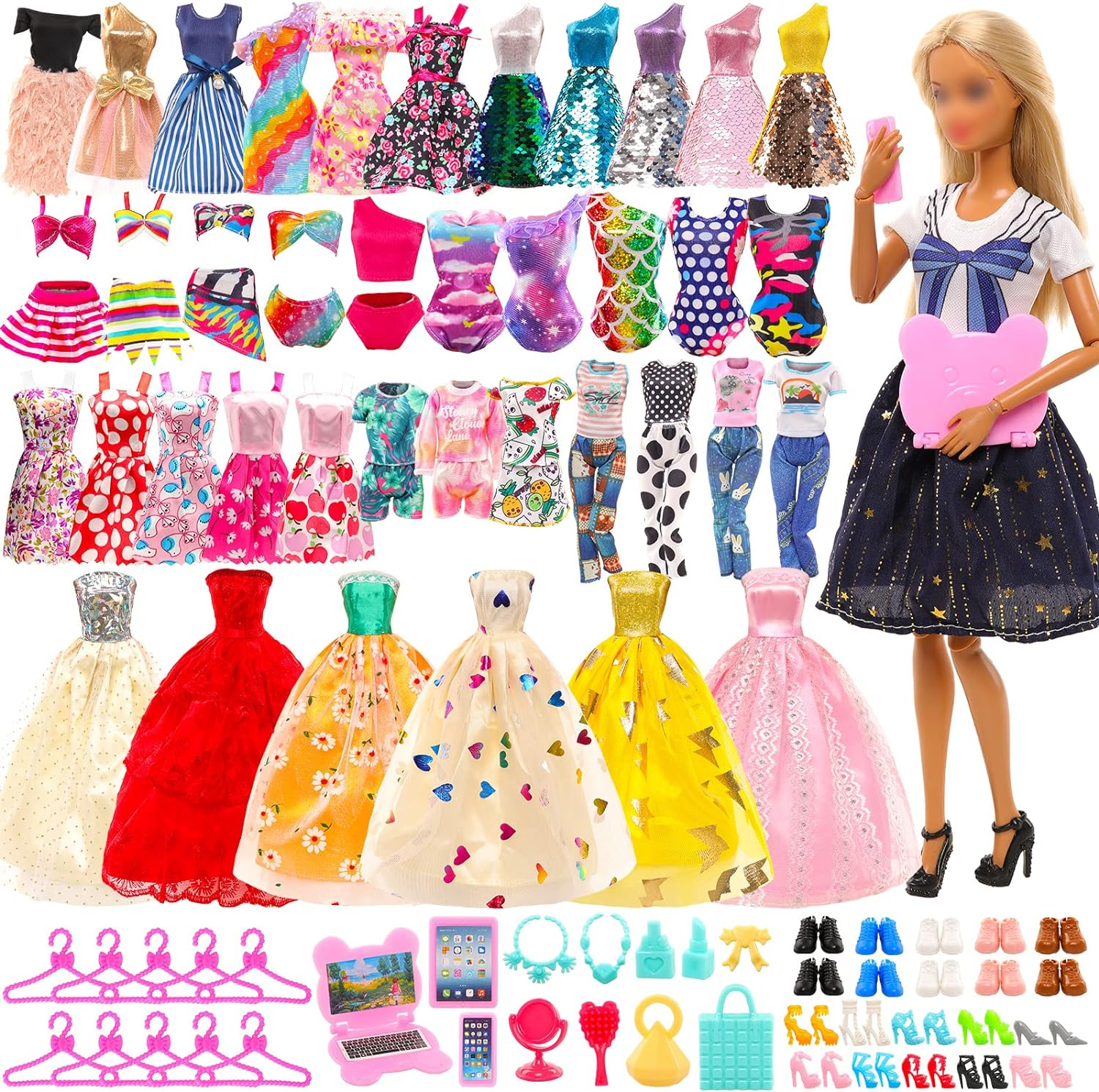 Barwa 57 Accessories Selected Randomly for 11.5 Inch 30 CM Dolls: 5 Fashion Dresses + 2 Clothes + 2 PCS Pants + 3 Wedding Dresses + 3 Swimsuits + 5 Mini Dresses + 37 Accessories image number 1