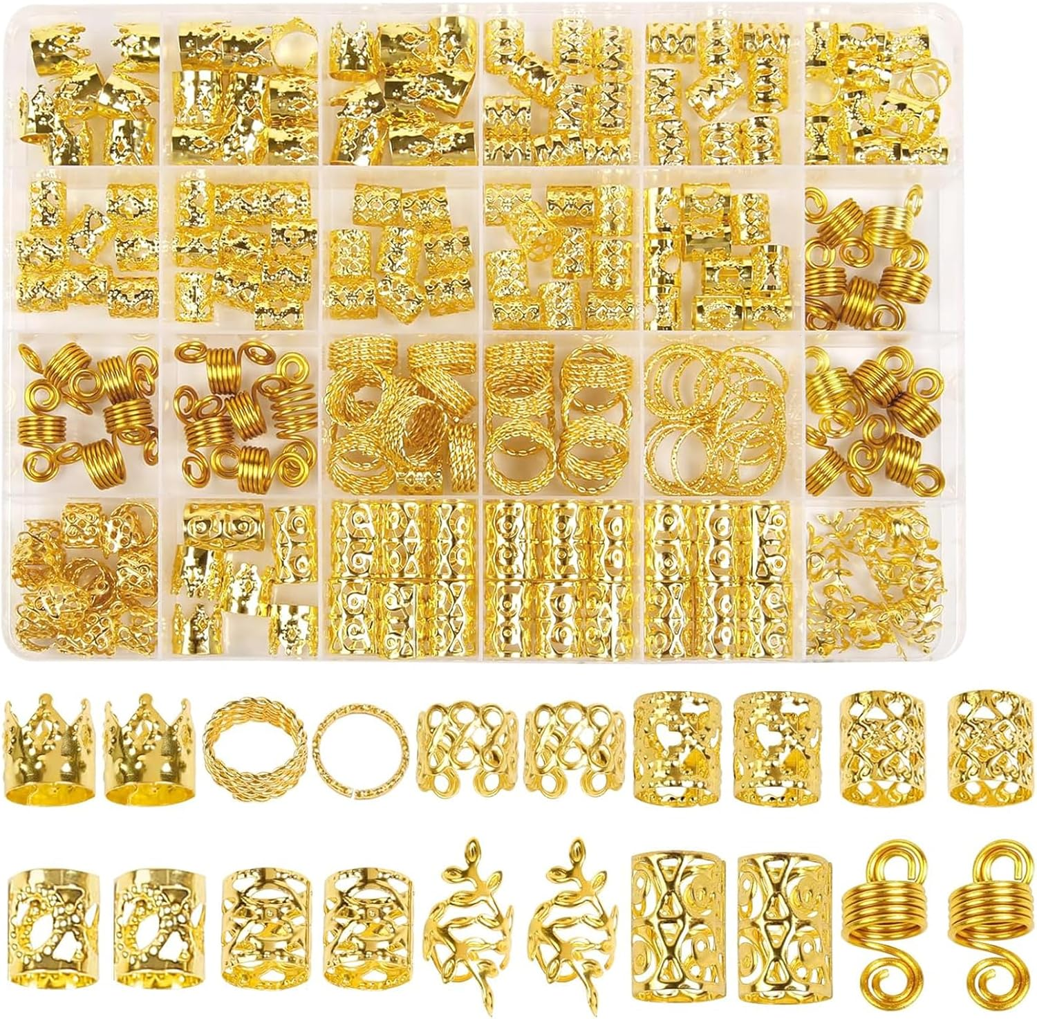 220 Pcs Gold Hair Accessories for Braids, Hair Cuffs Set for Women Hair Dreadlock Metal, Hair Beads Rings Cuffs for Braids Beard Decoration Gold image number 5