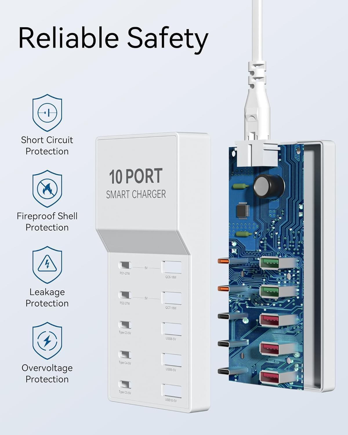 USB Charger Multiple, FOSION 72W USB C Fast Charging 10-Port Multi USB Power Supply Plug Cube, USB Charger Desktop Station Block for Iphone 15/1413,Galaxy S23,Smartphones,Tablets and Other USB Devices image number 5