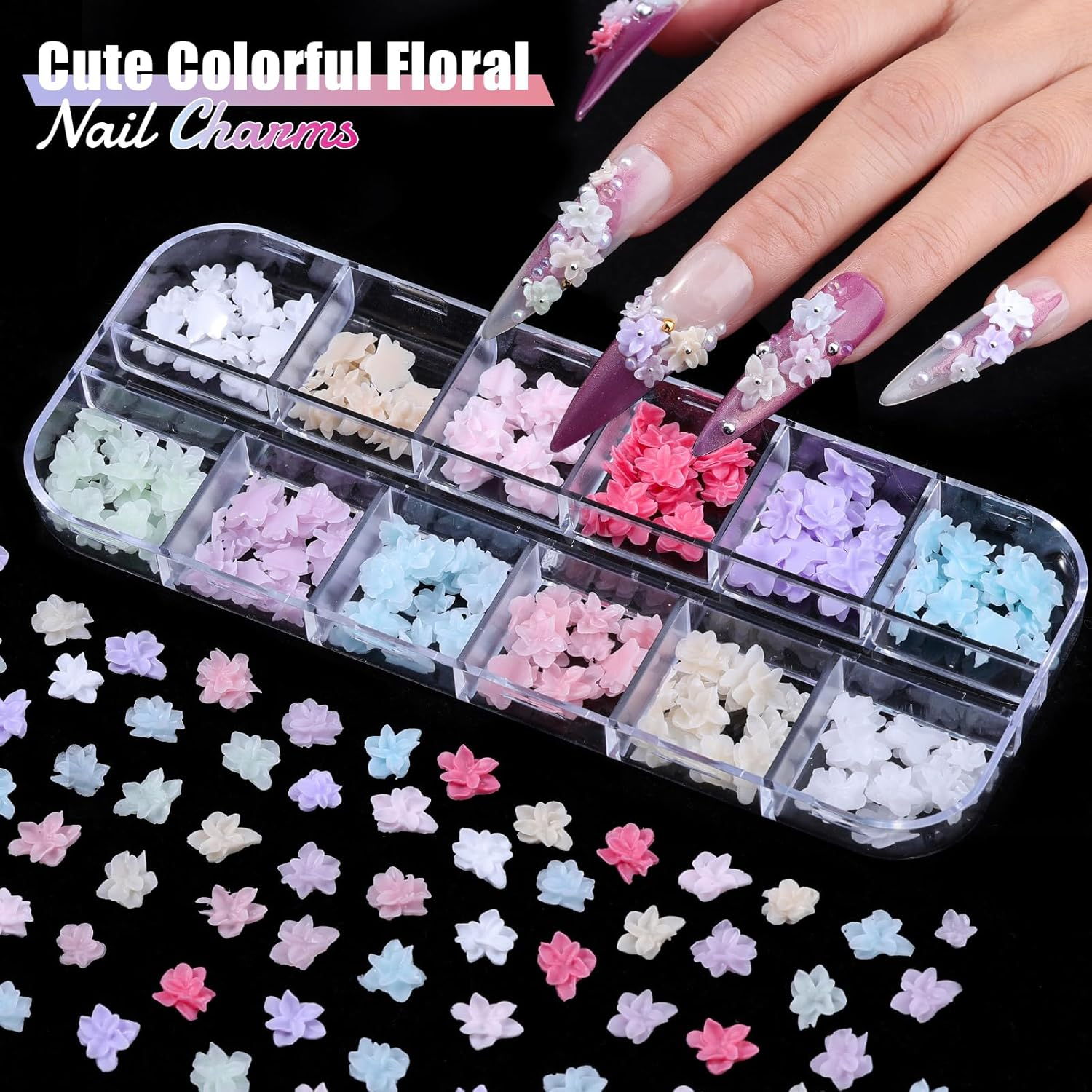 6 Boxes 3D Flower Nail Charms, Colorful Hibiscus Nails Ice Translucent Flower Nail Charms Cute Butterfly Petals Nail Gems with Pickup Tools for Nail Art Manicure DIY image number 5