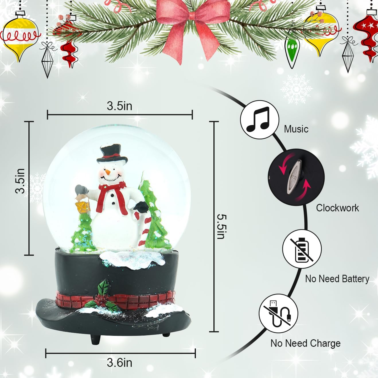 Snow Globes Glitter Water Globe Decoration Musical Snow Globes Decor Plays We Wish You a Merry Christmas, 100Mm, Snowman image number 3