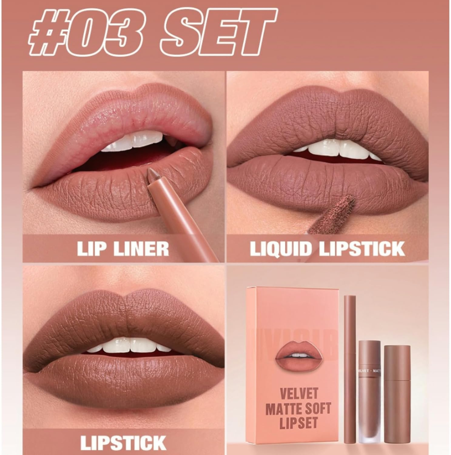 3Pcs Lip Set &ndash; Lip Liner, Lip Stain & Lipstick | Smudge-Proof, Long-Lasting Nude Brown#03 image number 3