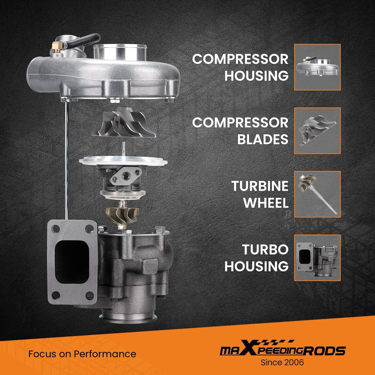 Maxpeedingrods Hybrid T3 T03 Universal Turbo Turbocharger for 4/6 Cylinder 1.5L-2.5L Engines Oil Cooled Turbine 0.63 A/R image number 2