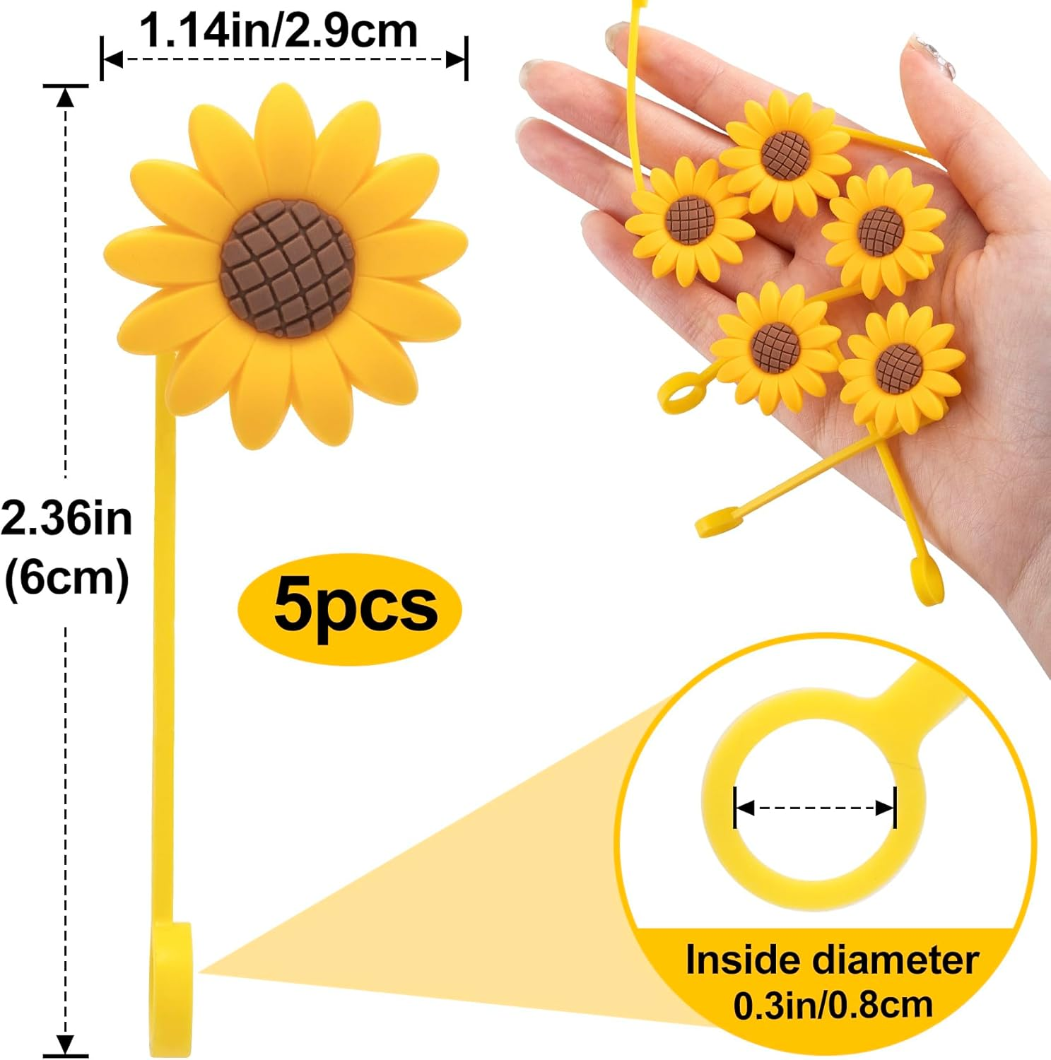 5 Pcs 0.3Inch Sunflower Straw Toppers Reusable Silicone Drinking Straw Covers Yellow Cup Dispenser Caps Dust-Proof Accessory image number 3