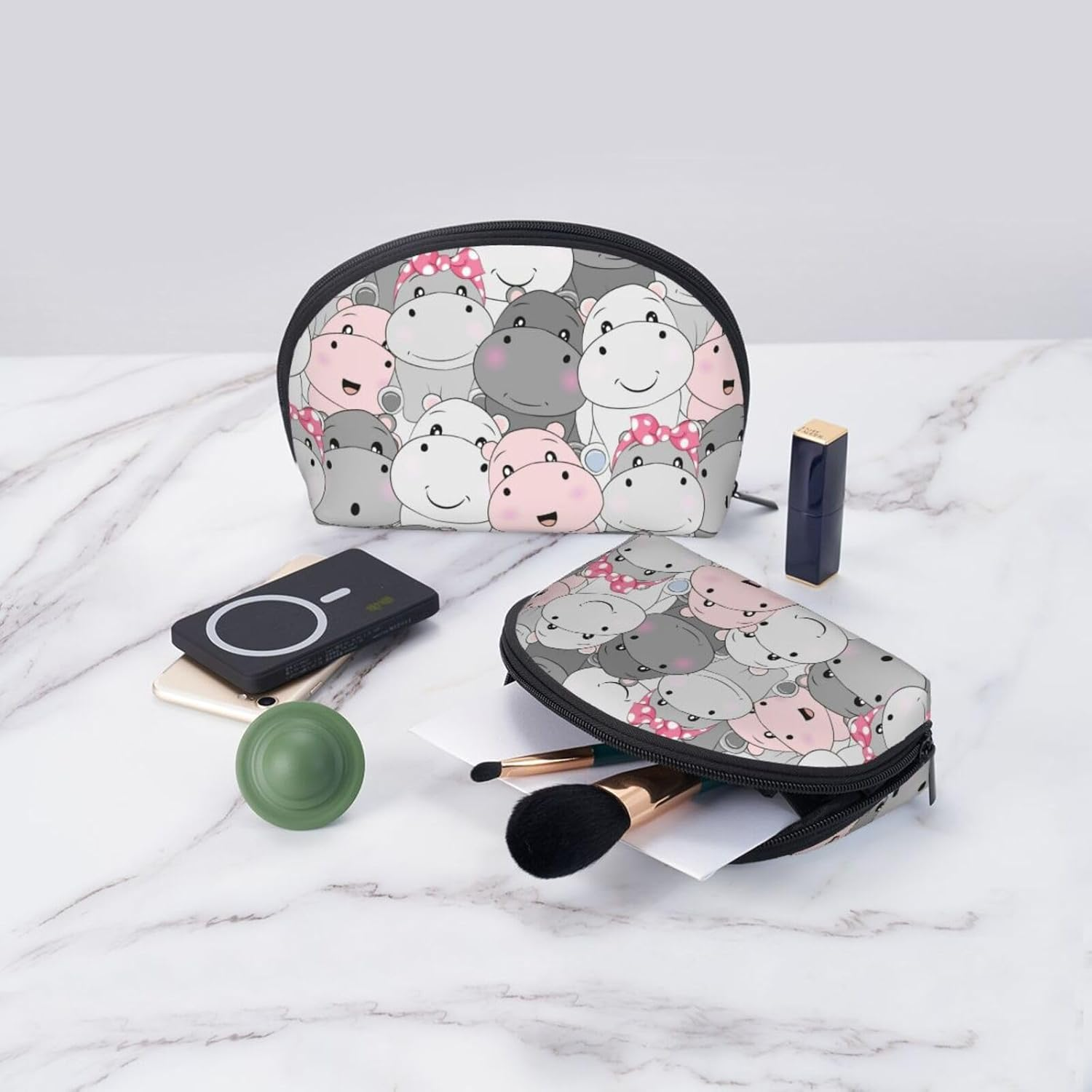 Cozimangoe Coin Pouch Makeup Bags Set, 2 Piece Shell Shape Cosmetic Bag with Pockets for Daily Travel Handbag Lipstick Keys Toiletry, Personalized Cute Baby Hippos image number 5