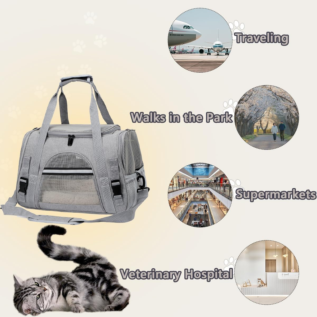 APKOL Cat Transport Box, Foldable Cat Transport Box with Shoulder Strap, Cat Transport Bag, Dog Transport Boxes, Cat Basket, Cat Carry Bag for Cats, Small Dogs, Puppies (Grey, Medium) image number 5