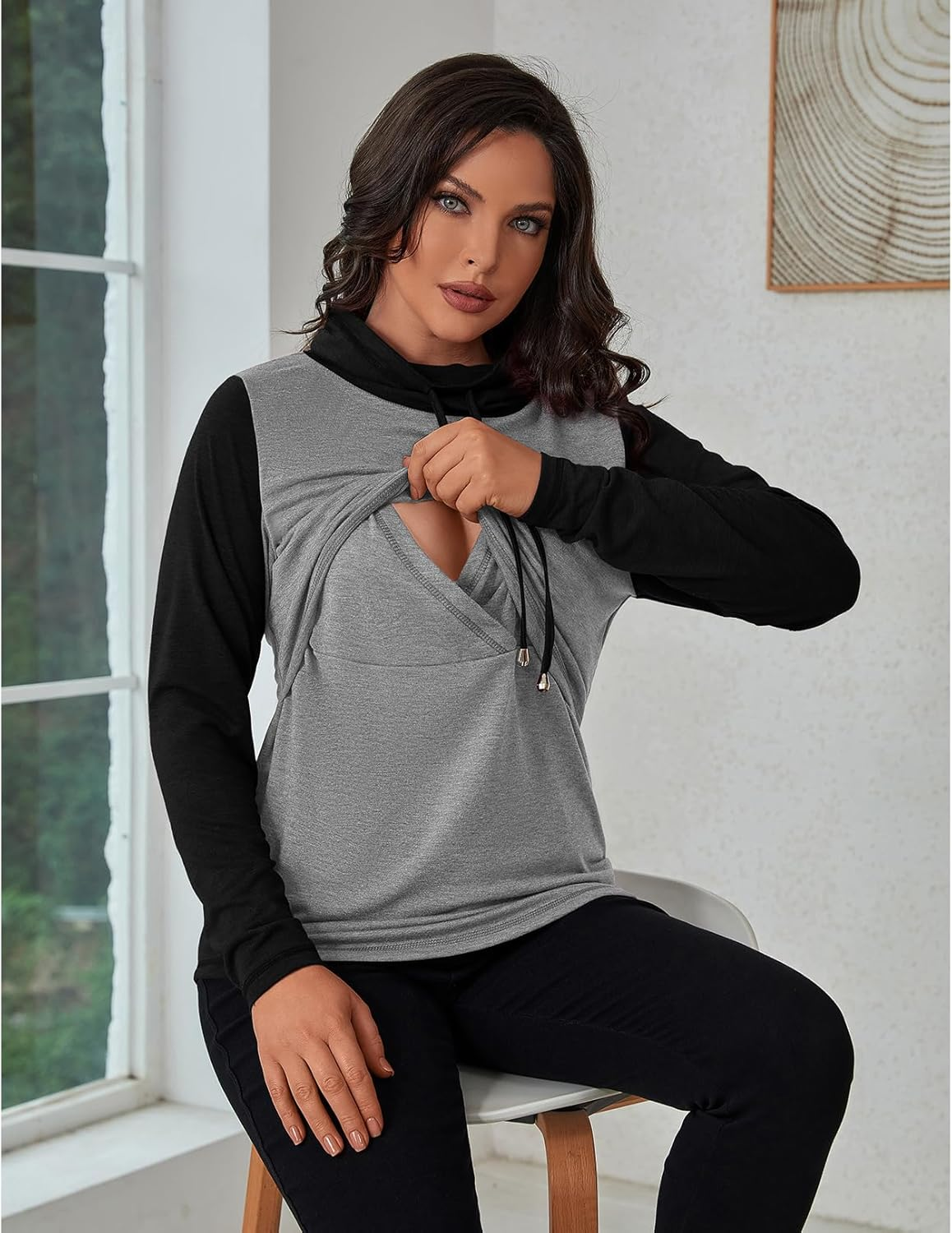 GINKANA Womens Nursing Tops Breastfeeding Sweatshirts Shirts Long Sleeve Drawstring Cowl Neck Nursing Tee Shirts Blouse image number 6