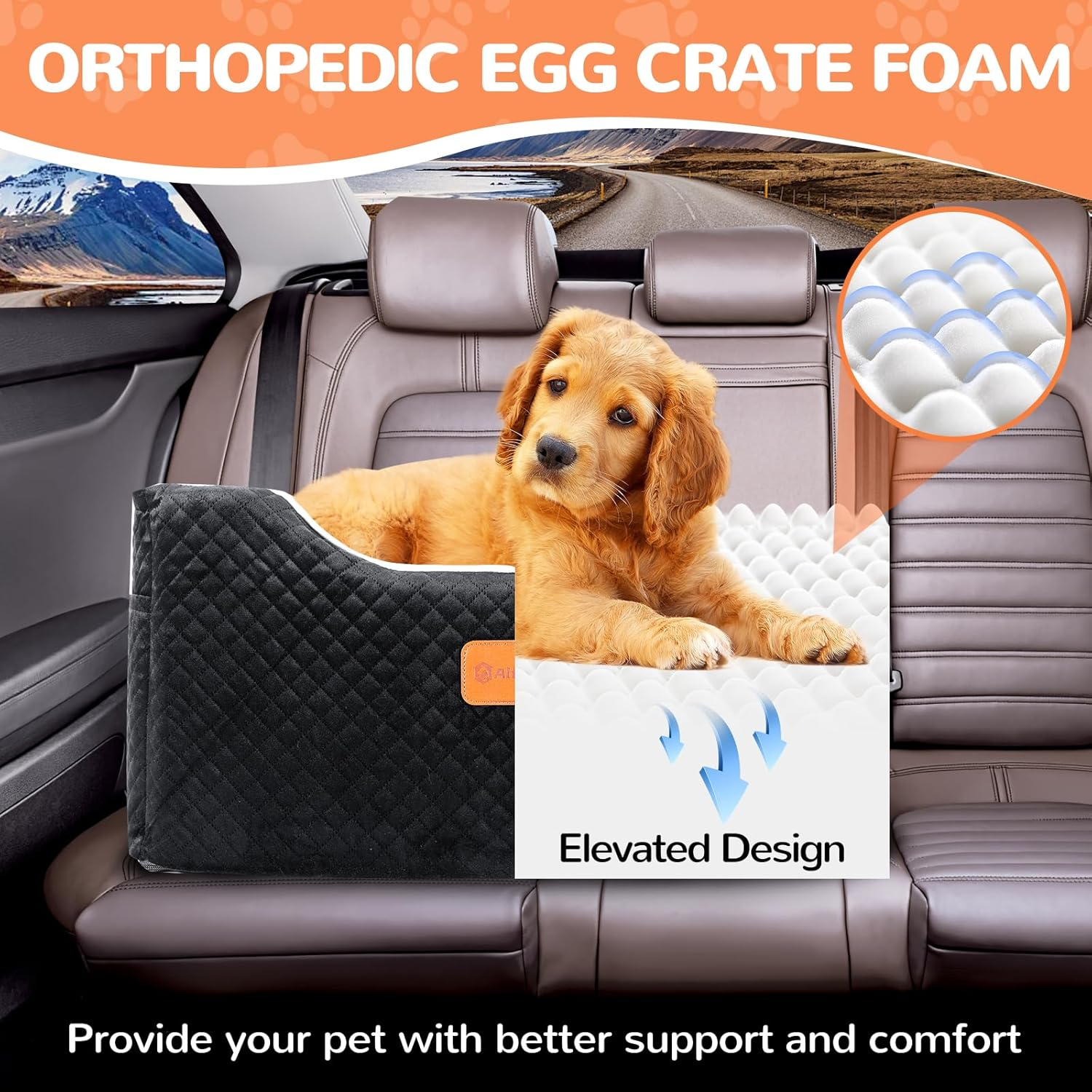 Alfatok Memory Foam Booster Dog Car Seat Medium Dogs, Elevated Pet Car Seat under 45 LBS, Detachable Washable, Anti-Slip Dog Booster Seat for Car Back Seat Only, Travel Dog Car Bed, Dog Seat Belt image number 2