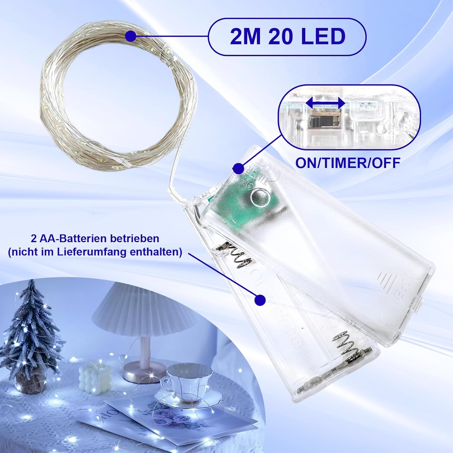 ENLACE Pack of 2 LED Fairy Lights Battery with Timer, 2 M 20 LED Copper Wire Fairy Lights Indoor Battery Operated, White Micro Fairy Lights for Wedding, Children'S Room, Christmas, Party Decoration