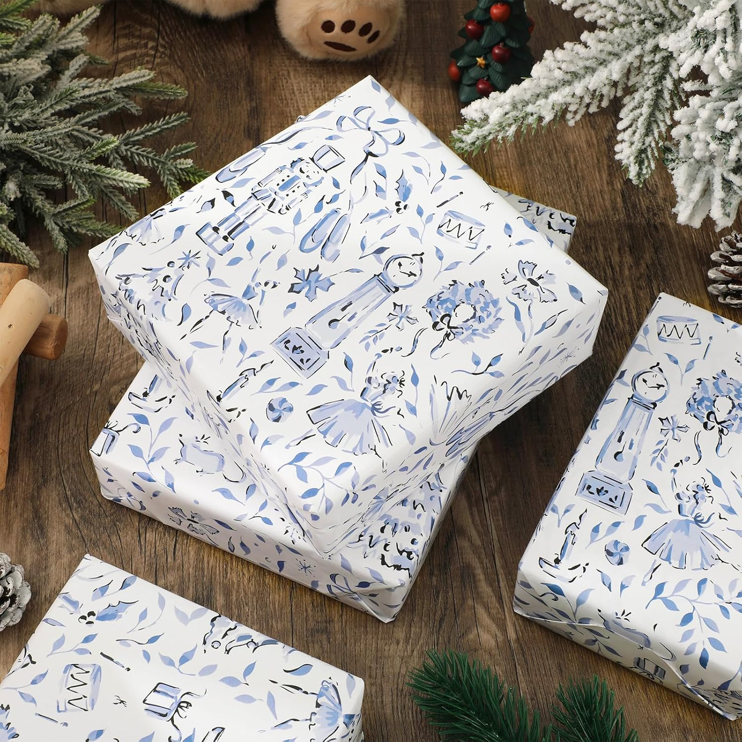 Jarthenaamcs Christmas Wrapping Paper - Mini Roll - 17 Inch X 32.8 Ft Blue Xmas Tree Nutcracker Gift Wrap Paper Decorative Art Paper for DIY Crafts Supplies image number 2