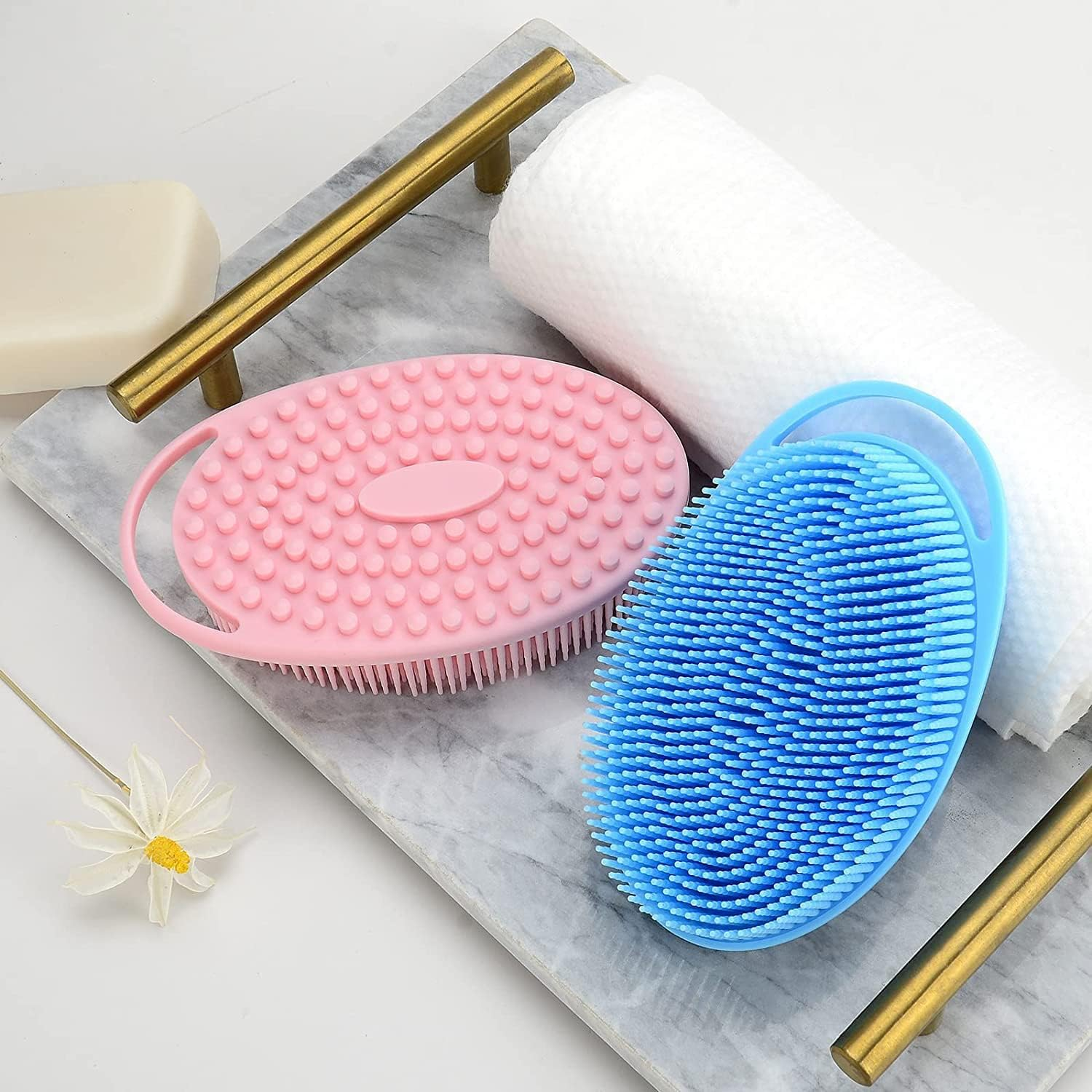 2Pcs Soft Silicone Body Scrubber,Gentle Exfoliating Body Scrubber and Lather Well,Silicone Loofah Body Scrubber Fit for Sensitive and All Kind Skin(Blue and Pink) image number 5