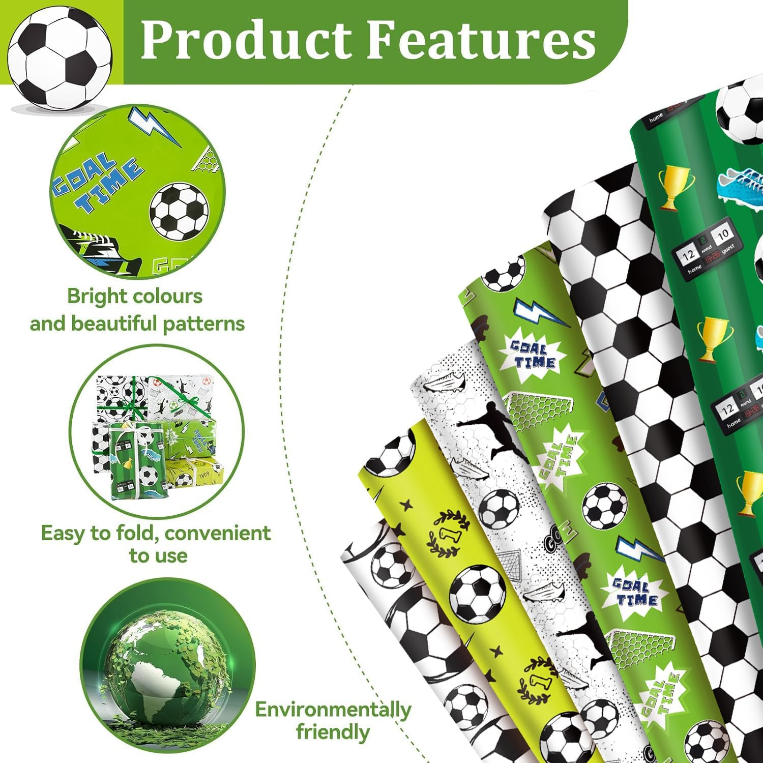 PQCLXUYA 12 Sheets Football Wrapping Paper,Boys Men Birthday Wrapping Paper Sheets with Sport Soccer Green White Mixed Design for Boys Girls Birthday Presents Party, Football Fans Gift (70X50Cm) image number 5