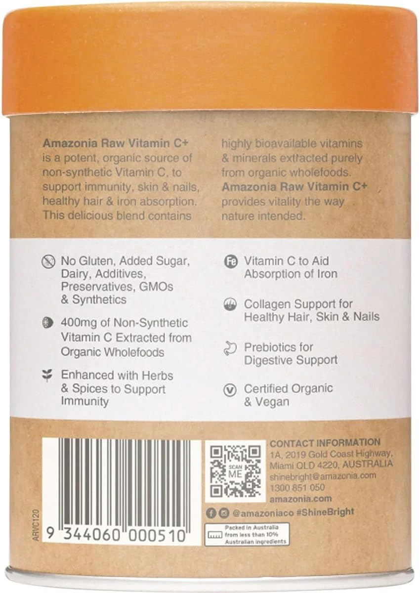 Amazonia Raw Wholefood Extracts Vitamin C+ - Certified Organic Vitamin C for Immune Support, Collagen Health & Skin Vitality, Non-Synthetic, Plant-Based, Gut Health & Prebiotic Supplement, 120G