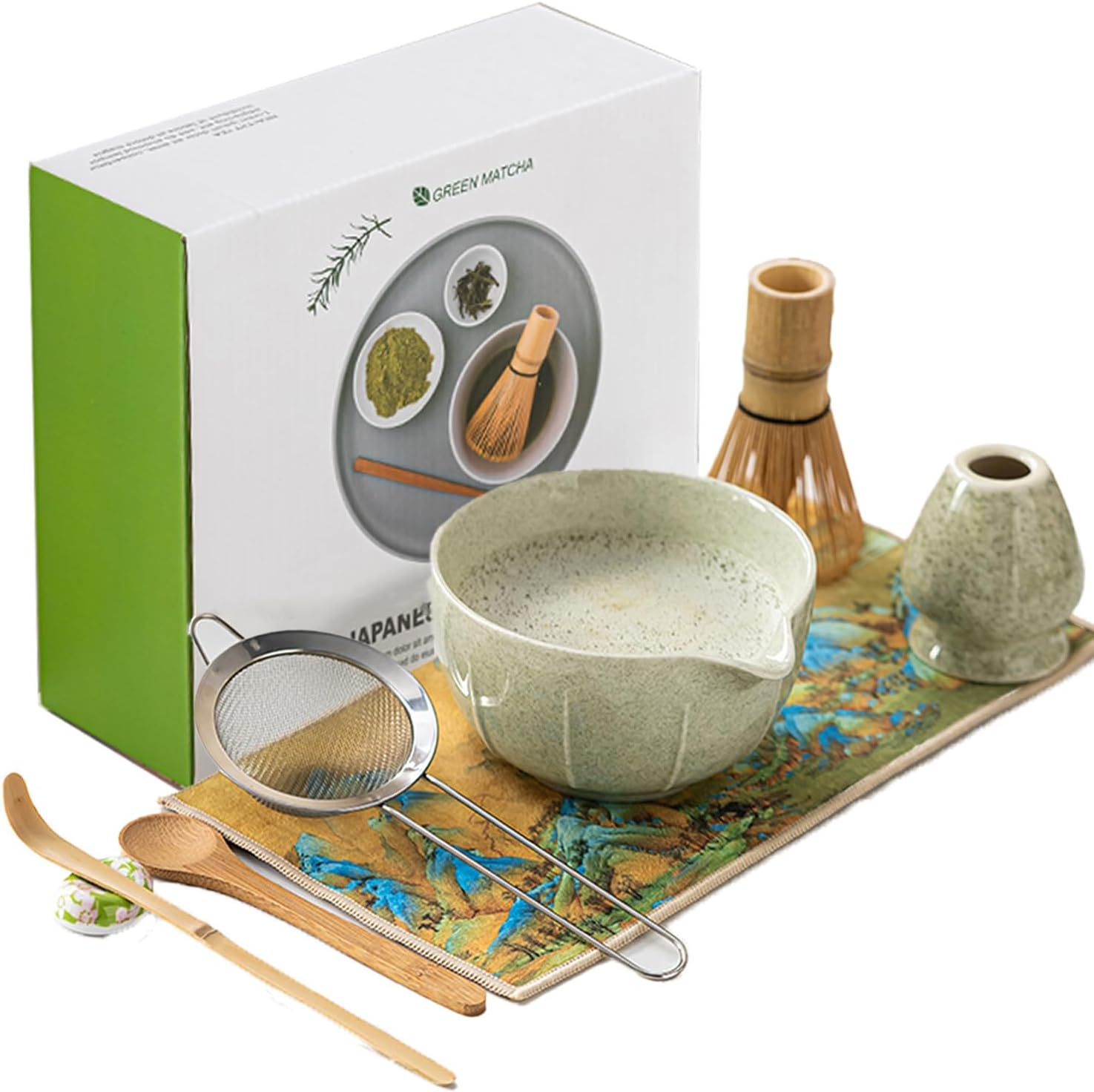 HJB VISSO Matcha Whisk Set - 8PCS Japanese Matcha Tea Kit for Traditional Tea Ceremony, Japanese Tea Making Tools with Whisk, Ceramic Bowl, Scoop,Tea Mat, Classic Green image number 5