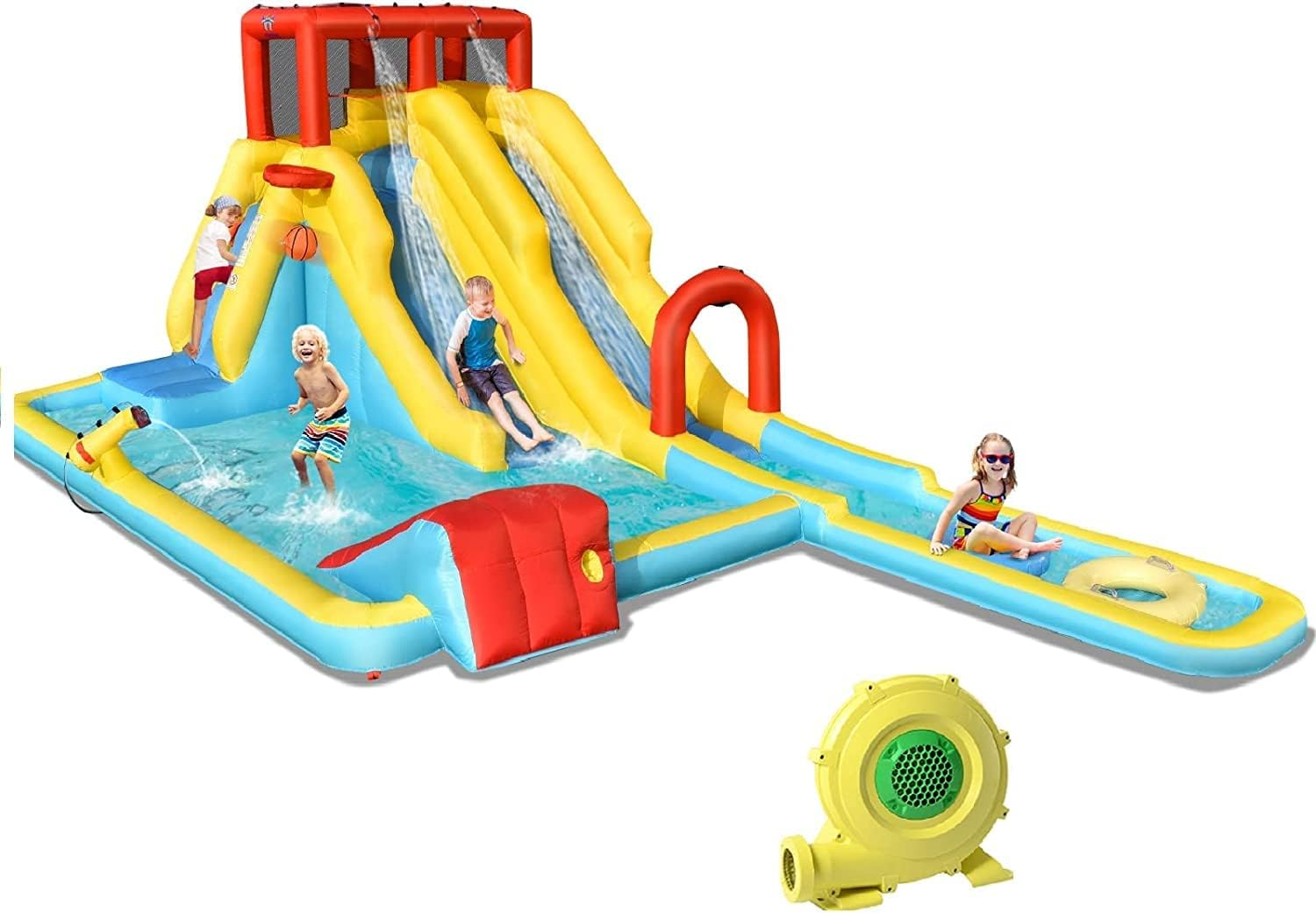 HONEY JOY Inflatable Water Slide, 7-In-1 Double Long Slide Inflatable Water Park W/Climbing Wall, Swimming Pool, Basketball Hoop, Water Gun, Water Slide for Outdoor Backyard (With 750W Blower) image number 2