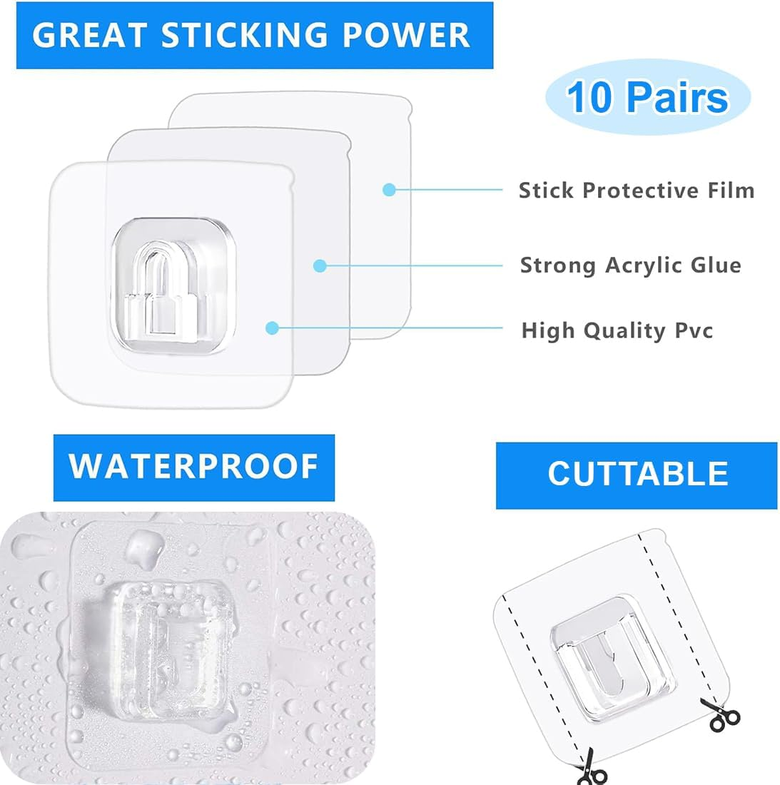 OIXEYA 10 Pairs of Magic Hooks, Adhesive Hooks, Transparent, Double-Sided, Multifunctional, Wall Mounting, No Drilling, Water and Oil Resistant, Removable, Suitable for Kitchen, Bathroom, Living Room image number 4