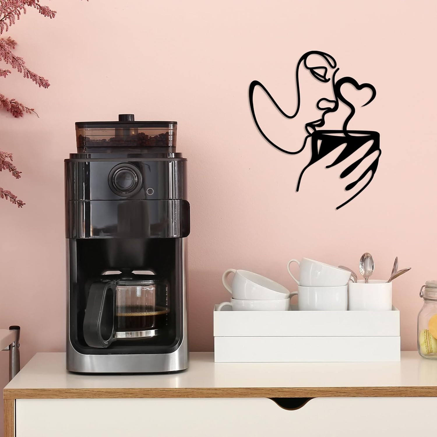 Metal Wall Art Decor - 3D Black Metal Coffee Wall Art Bar Sign Decor, Woman Drinking Coffees Sculptures, Minimalist Wall Art for Kitchen Home Office Living Room Bedroom - Two Cat image number 3