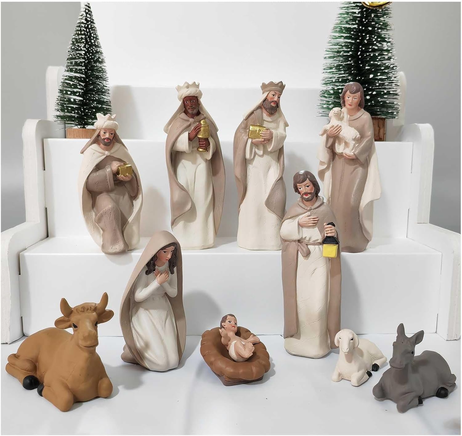 Meritmode Nativity Sets for Christmas Indoor, 10 Pcs Nativity Scene Statues Including Baby Jesus, Mary and Joseph, Suitable for Religious Decor and Interior Home Decor Brown 4.8Inch