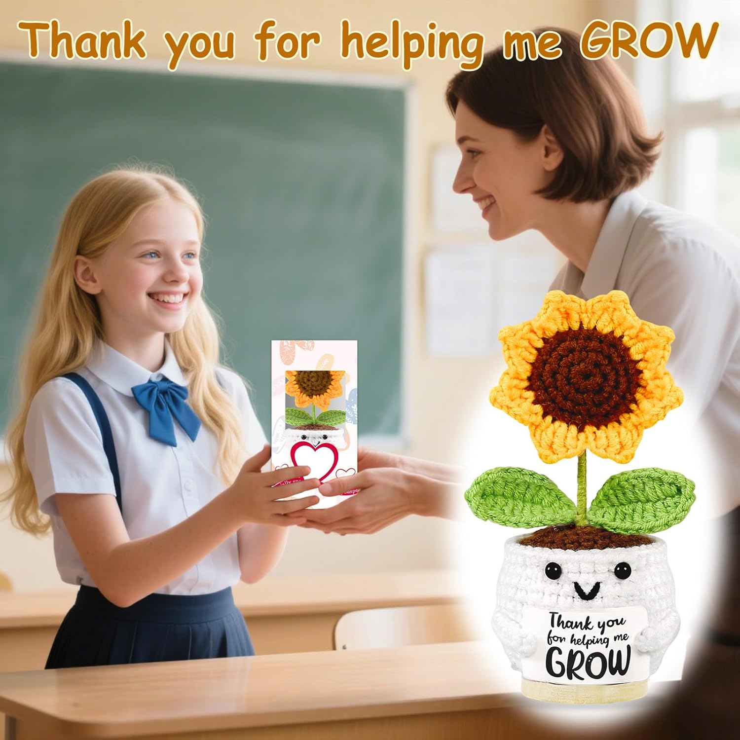 Teacher Gift Personalised Thank You Gifts for Women Emotional Support Crochet Sunflower Best Nursery Teachers Educators Day Gift Funny Christmas Appreciation Leaving Gifts for Teacher End of the Year