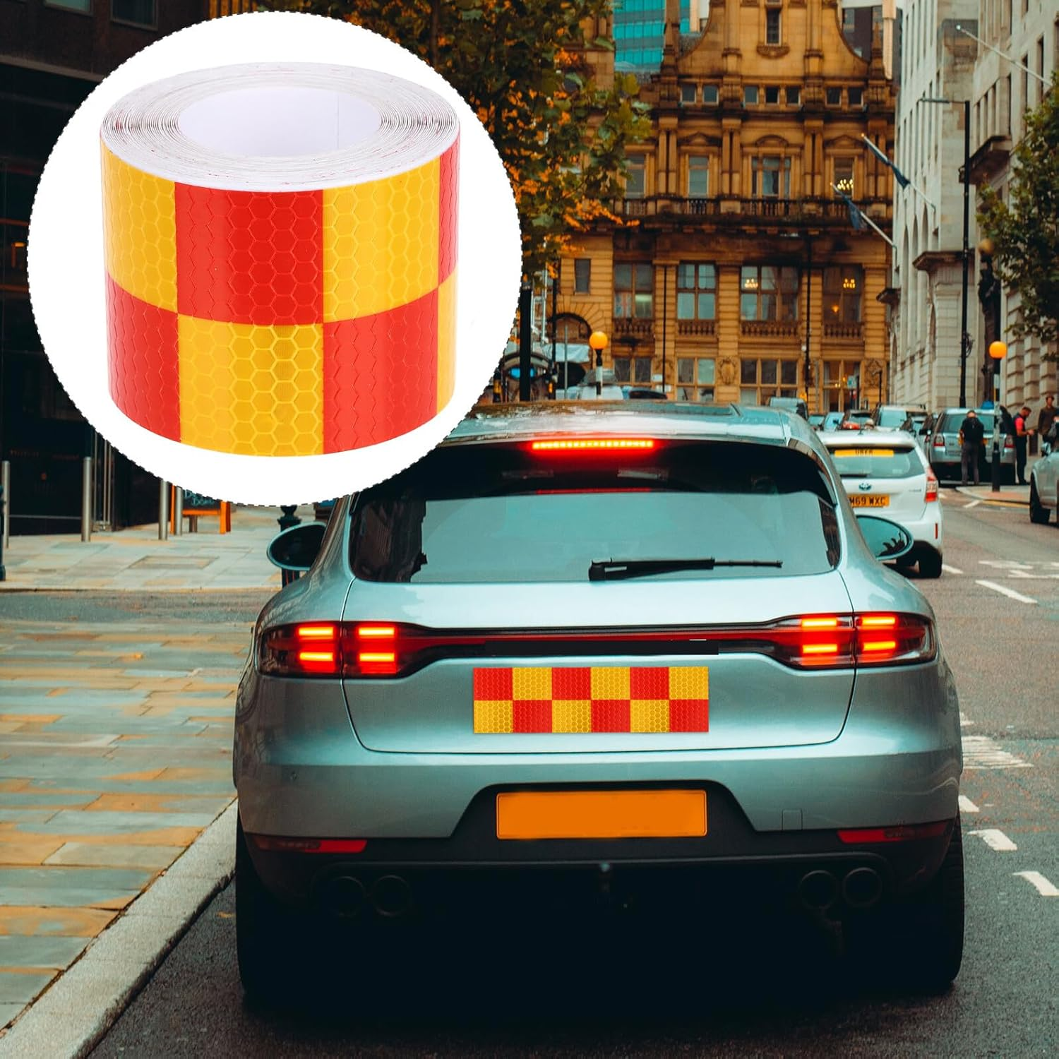 Mipcase High Visibility Reflective Tape Red Yellow Checkered Safety Warning Adhesive Tape for Trucks Cars Road Signs Helmets and Outdoor Use image number 2