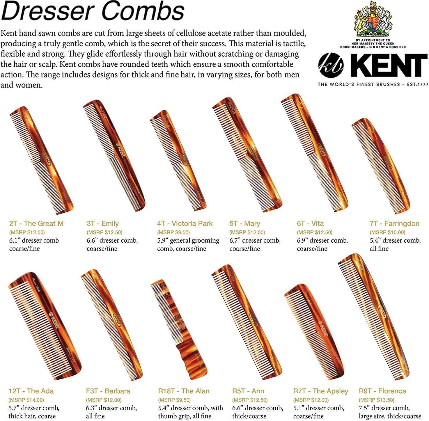 Kent 12T Wide Tooth Detangling Comb - 5.5" Handmade Pocket Comb for Thick, Curly, and Wavy Hair, Large Tooth Grooming for Hair, Beard, and Mustache - Saw-Cut and Hand Polished image number 1