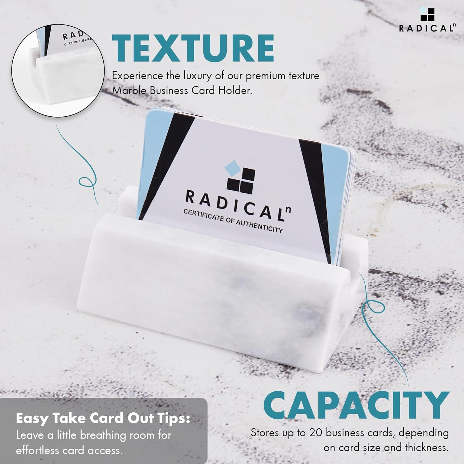 Radicaln Marble Business Card Holder White 10 Cm - Handmade Card Holder Organizer for Office - Elegant Office Desk Decor for Business & Credit Card Storage - White image number 6