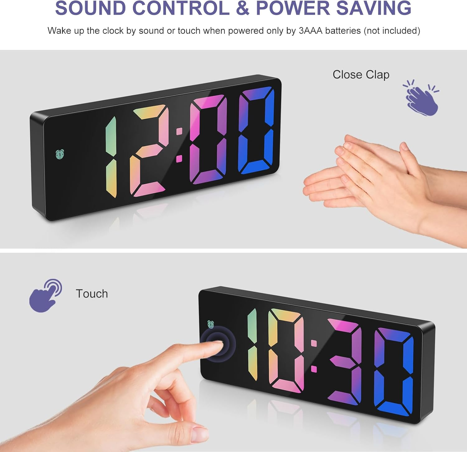 Digital Alarm Clock, Bedside Alarm Clocks with Colorful LED Display, Usb/Battery Powered Digital Clock with Voice Control, Snooze, Temperature, 3 Adjustable Brightness, Date for Heavy Sleepers image number 3