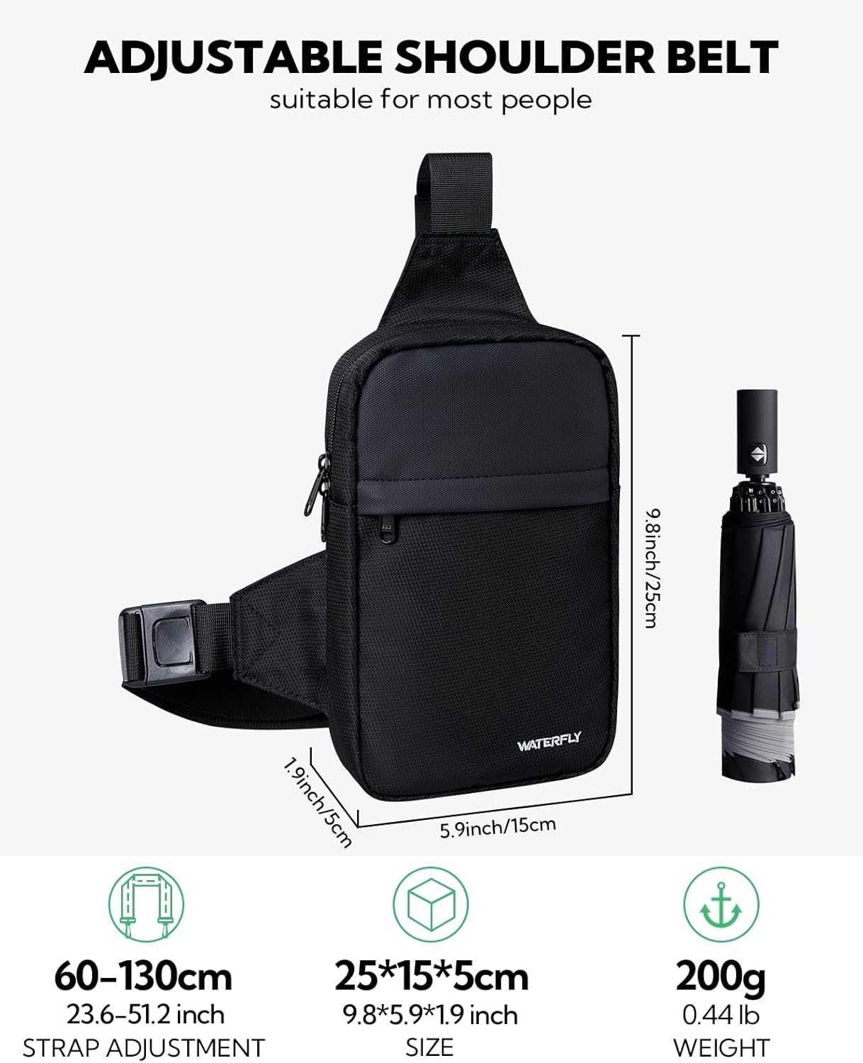 WATERFLY Crossbody Chest Sling Bag: Small Shoulder Bag Crossover Cross Body Bag for Work Travelling Women Men image number 4