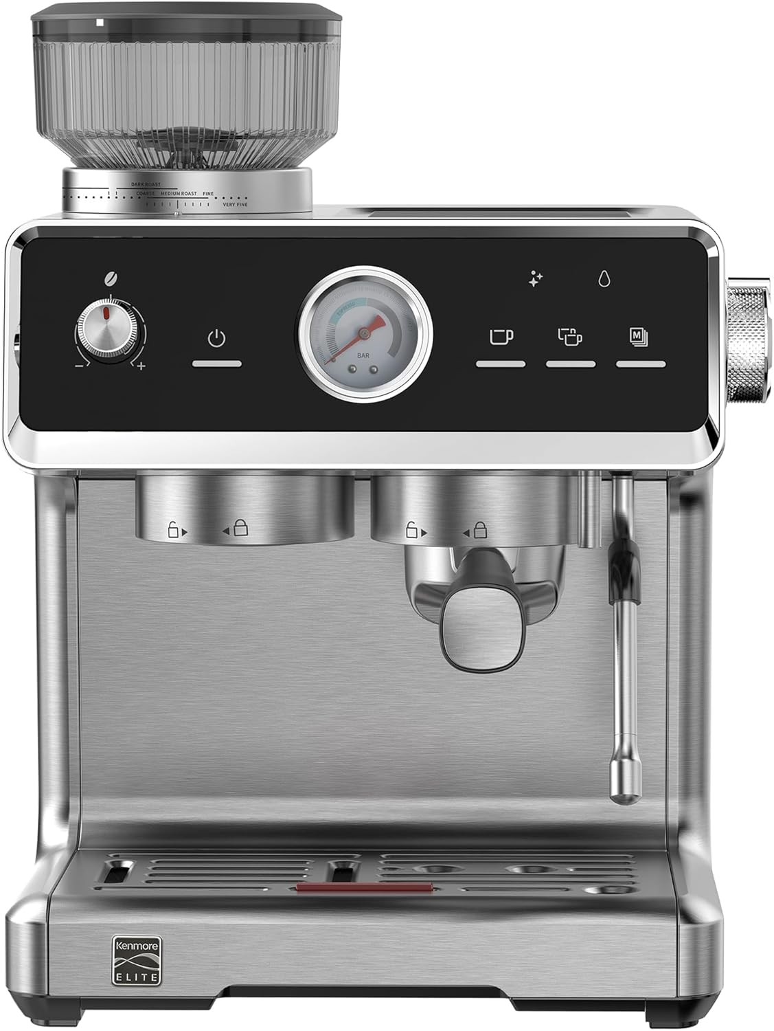 Kenmore Elite Coffee Machine with Grinder | Semi-Automatic Espresso Machine | Auto-Tamping Coffee Maker and Milk Frother | Hands-Free Grinder and Tamp | Stainless Steel